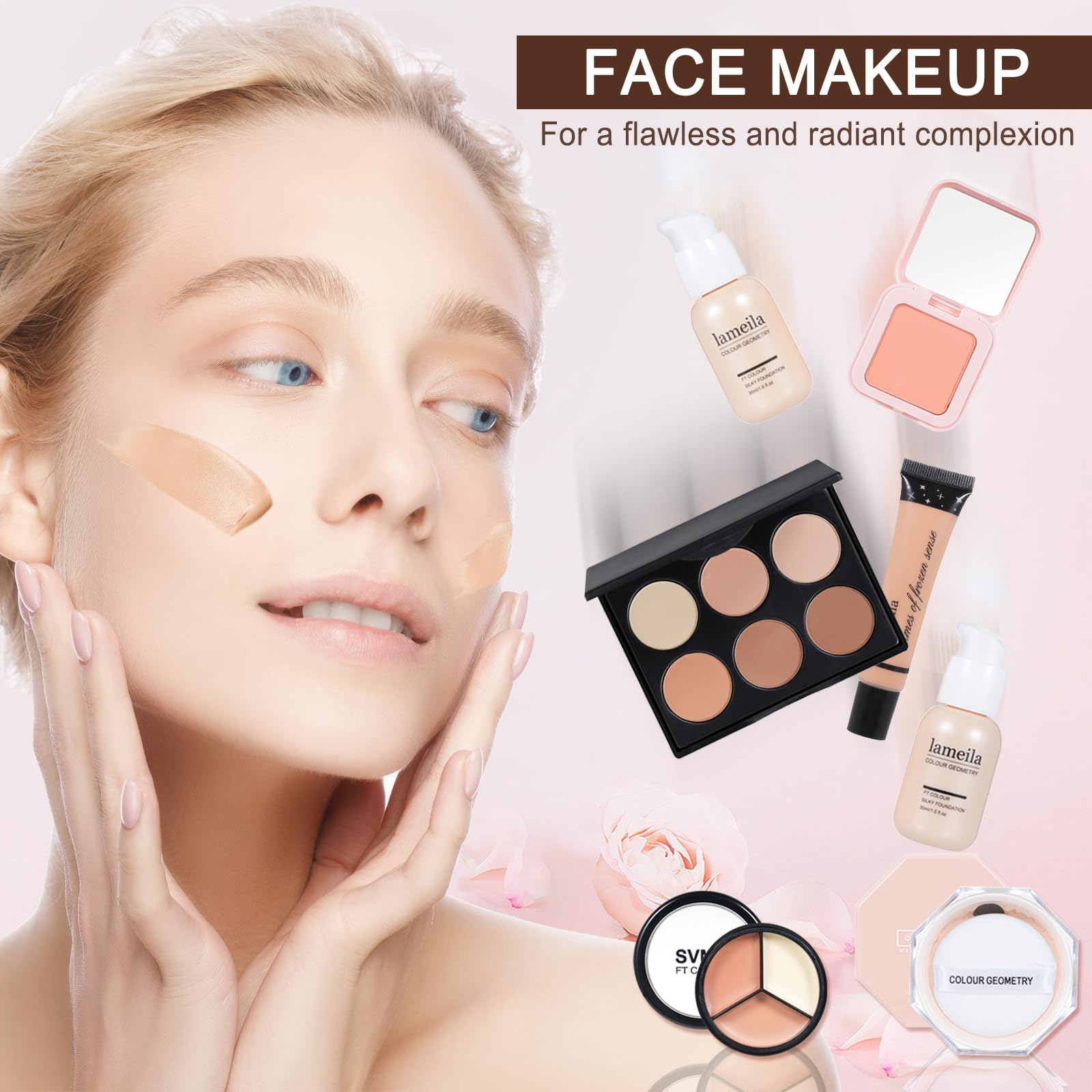All in One Makeup Kit Makeup Kit for Women Full Kit Multipurpose Makeup ,eyeshadow、 liquid foundation,Loose powder,Eyebrow pencil,4-color lip gloss set