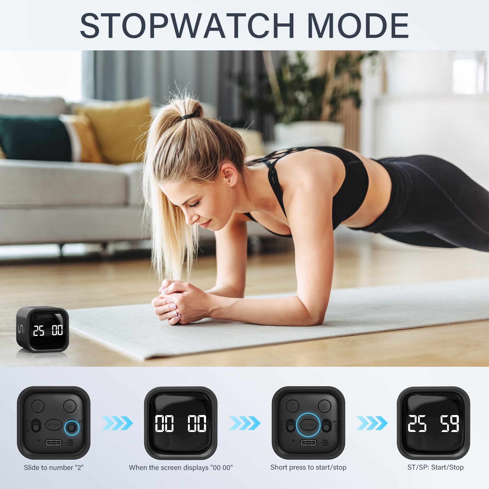 Rotating Pomodoro Timer 5, 25, 10 50 Minutes Preset, Desk Productivity Timer w/Gravity Sensor, Cube Timer for ADHD, Vibration/High/Low Volume/Custom Modes, for Work, Study, Back to School, Kitchen