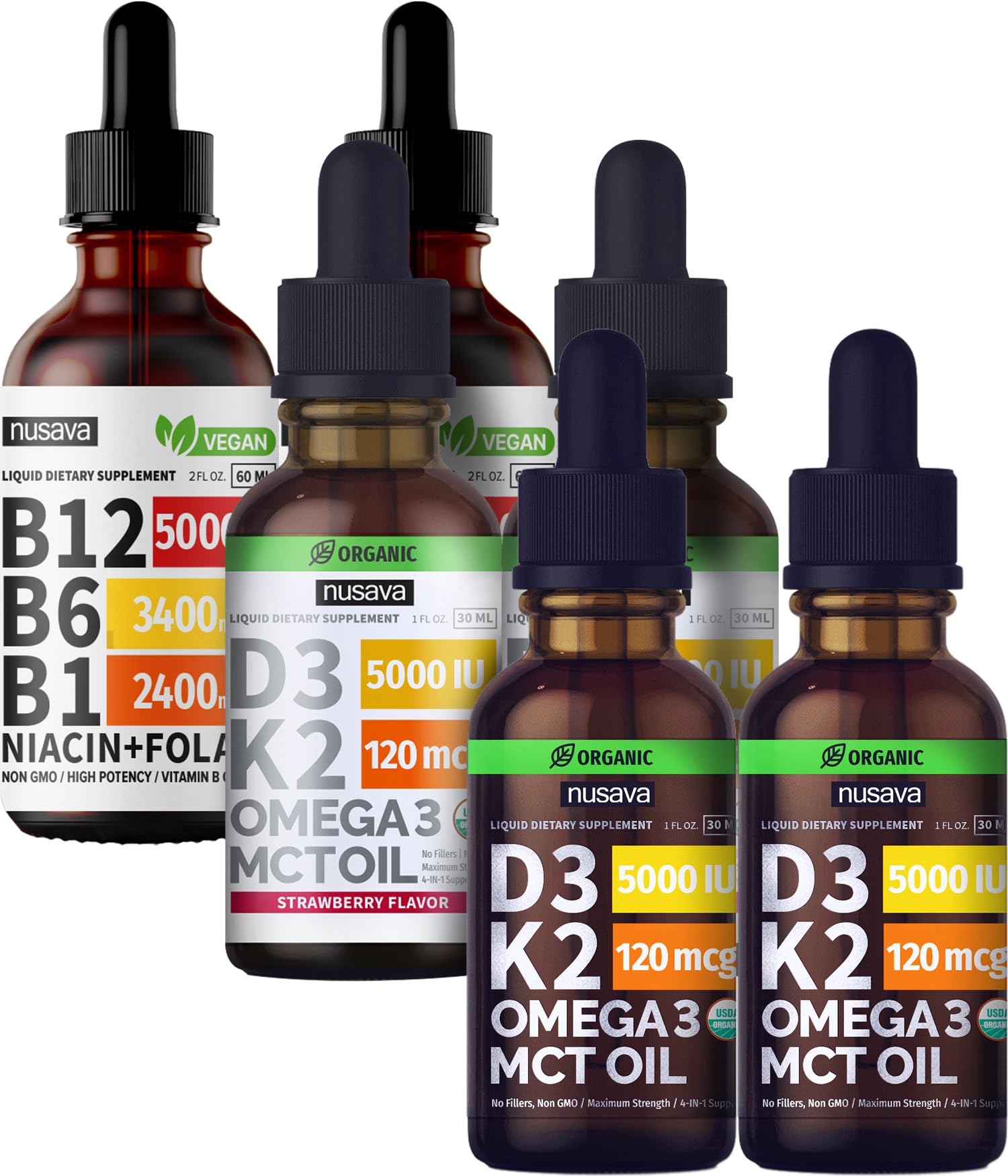 NUSAVA Unflavored D3 K2, Strawberry Flavored D3 K2, & Vitamin B12 Liquid Drops Bundle - Potent Liquid Vitamins for Heart, Joint, Energy, & Immune Support - Non-GMO, Gluten-Free, 2pk Each