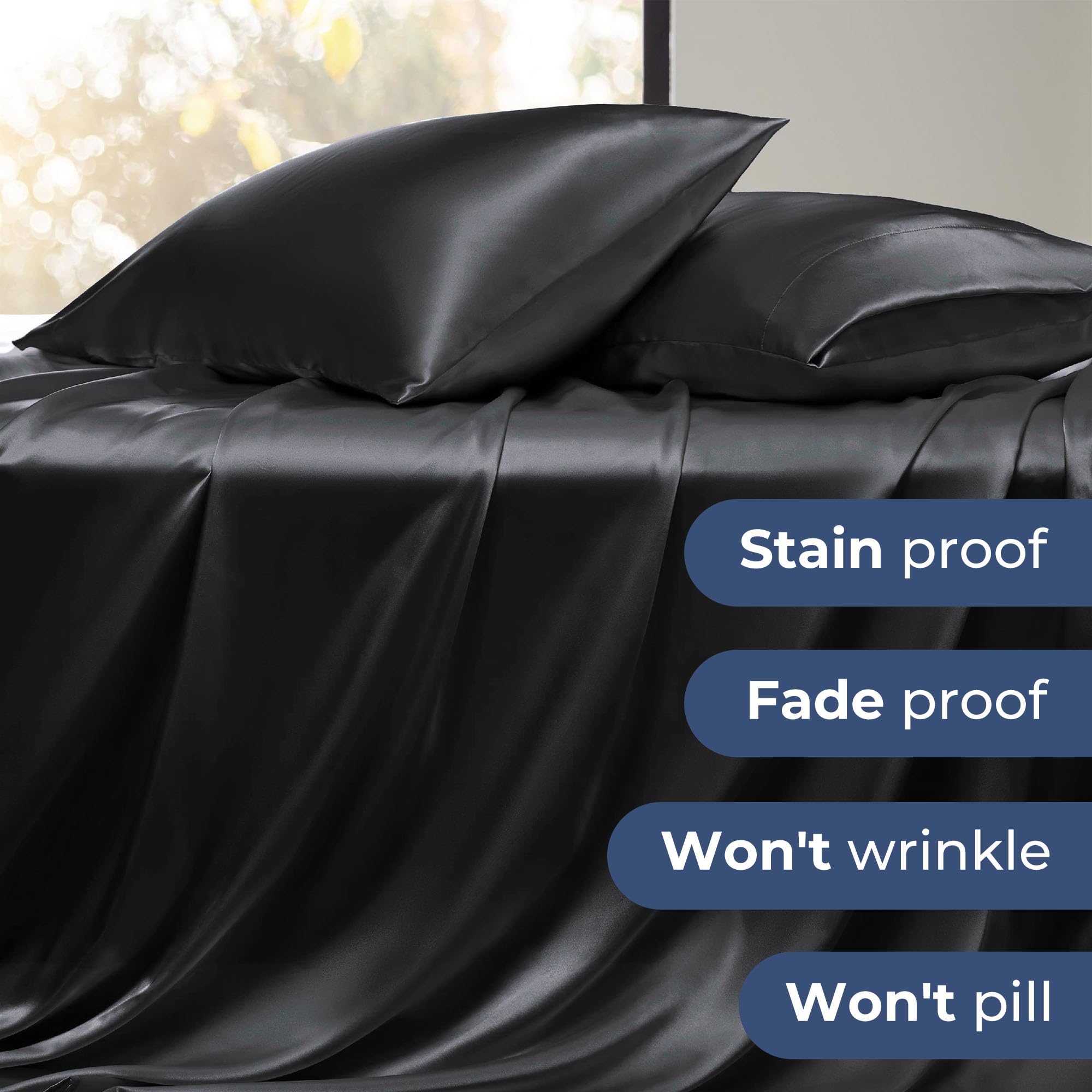Seasonwood Satin Sheets Set Queen Size 4 Pieces 1800 Microfiber 2 Pillowcase 20''x30'' Black Satin Sheets