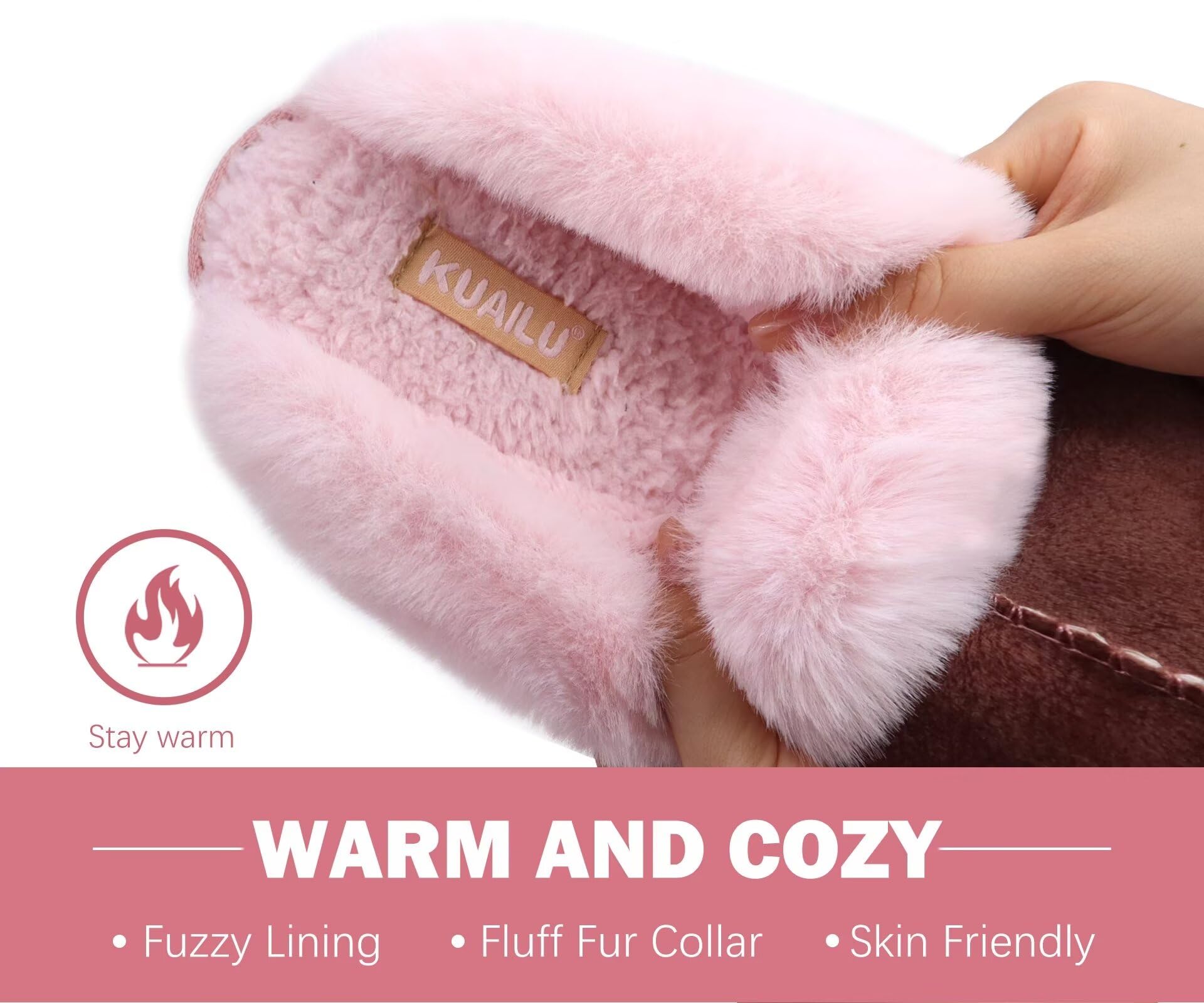 KuaiLu Womens Slippers, Fluff Dual Memory Foam Slippers Ladies Cozy Arch Support Warm Scuff Slippers Slip on Comfy Winter House Shoes with Non-Slip Indoor Outdoor Hard Sole Pink 8