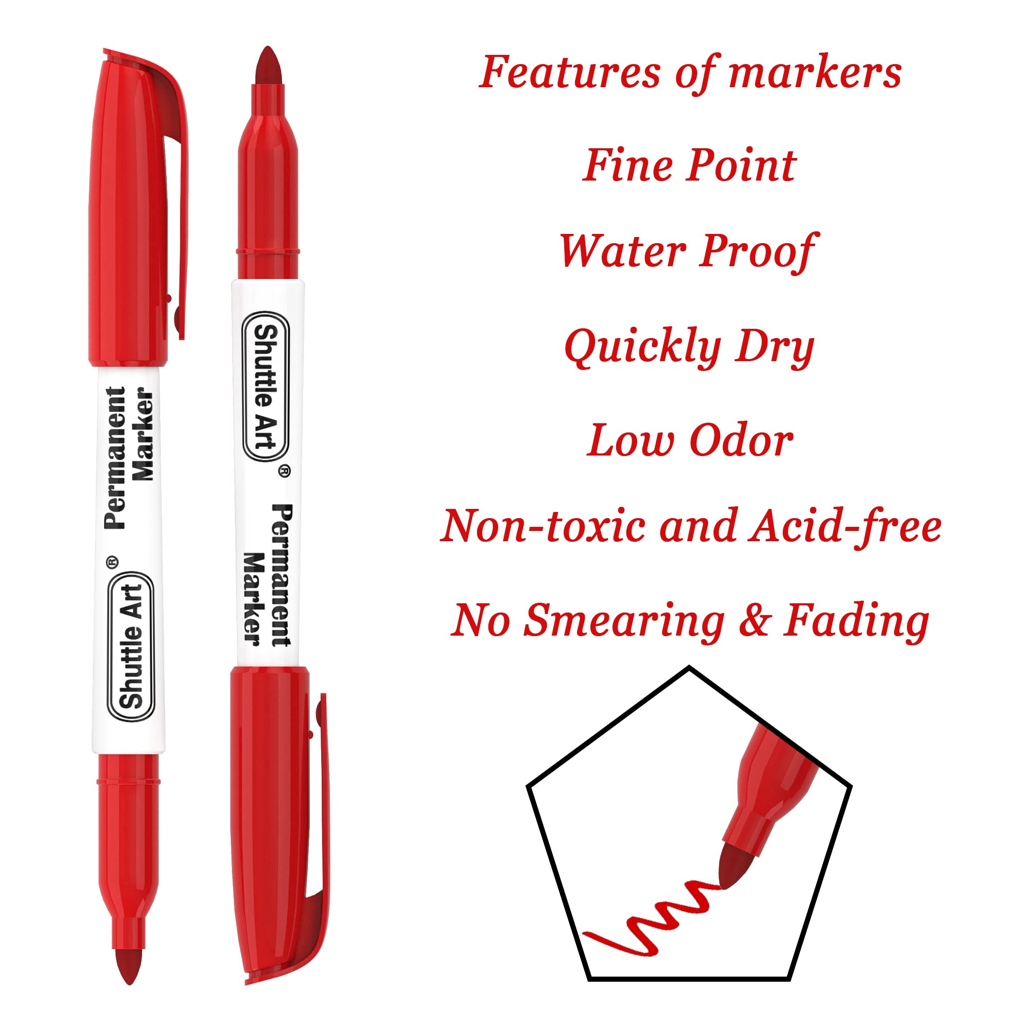 Shuttle Art Permanent Markers, 30 Pack Red Permanent Marker set,Fine Point, Works on Plastic,Wood,Stone,Metal and Glass for Doodling, Marking…