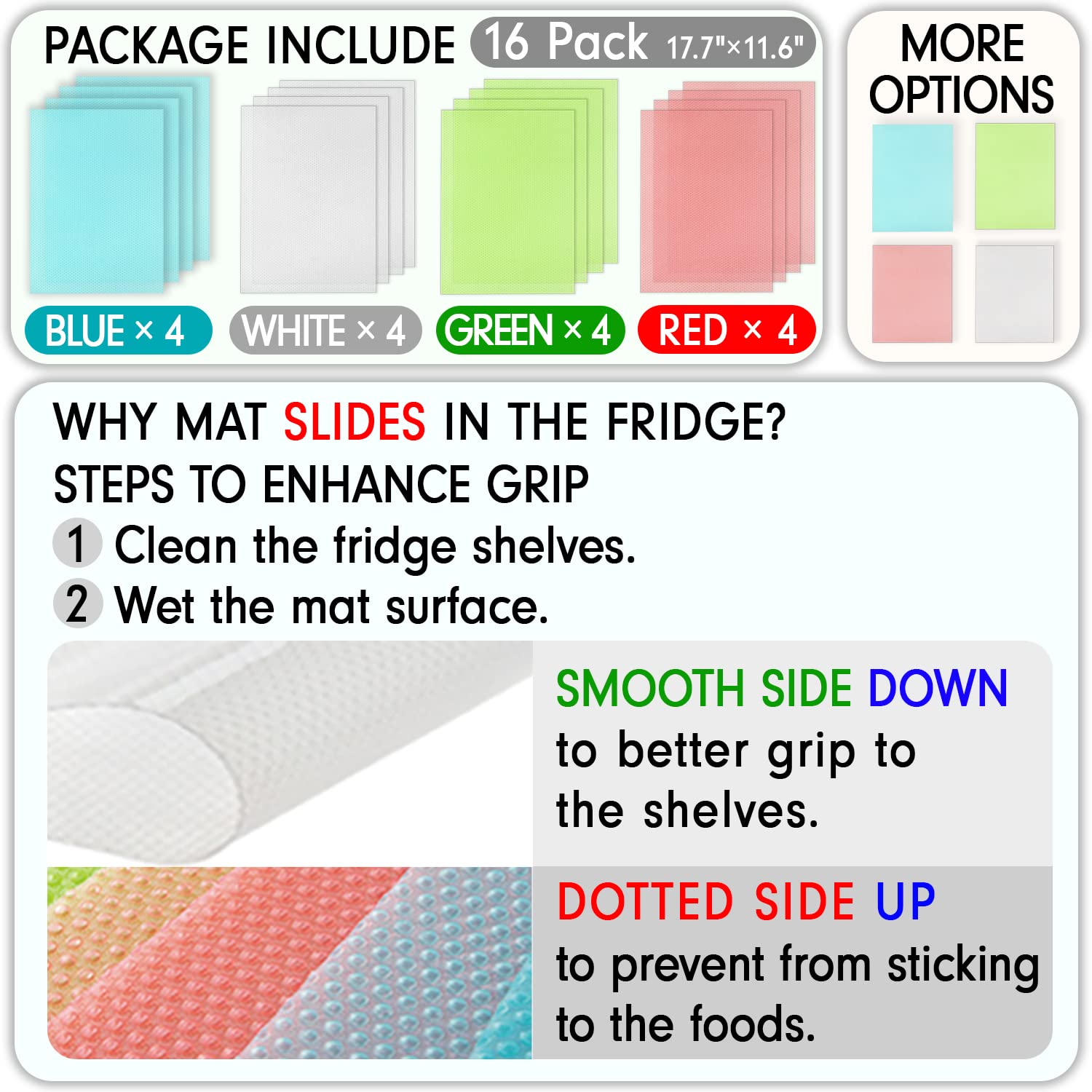 16 Pcs Refrigerator Liners, MayNest Washable Mats Covers Pads Home Kitchen Gadgets Accessories Organization Top Freezer Glass Shelf Wire Shelving Cupboard Cabinet Drawer (4 Blue 4 Green 4 Red 4 White)