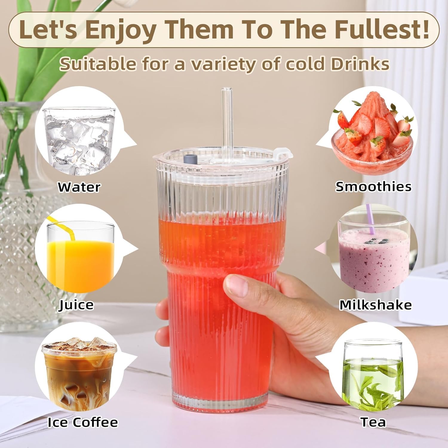 AFINSEA 20OZ Ribbed Glass Cups with Lids and Straws,Iced Coffee Cups with Lid,Vintage Glasses Tumbler Glassware for Whiskey Cocktail Beer Juice(2PCS)