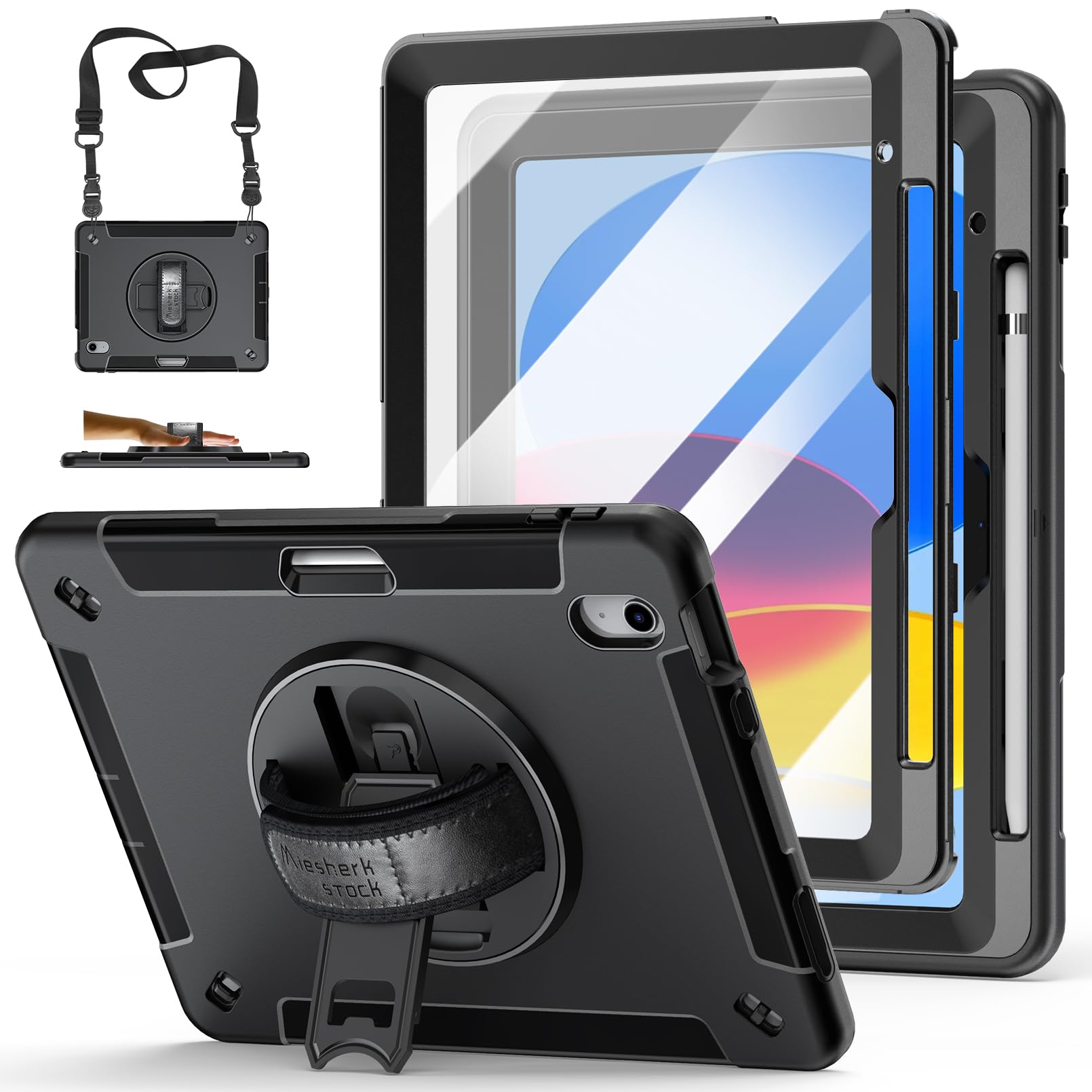 Case for iPad 10th Generation 2022:Miesherk Stock Military Grade Shockproof Rugged Case for iPad 10th Gen 10.9'' W/Screen Protector,Rotate Stand,Handle,Shoulder Strap,Pen Holder (Black)