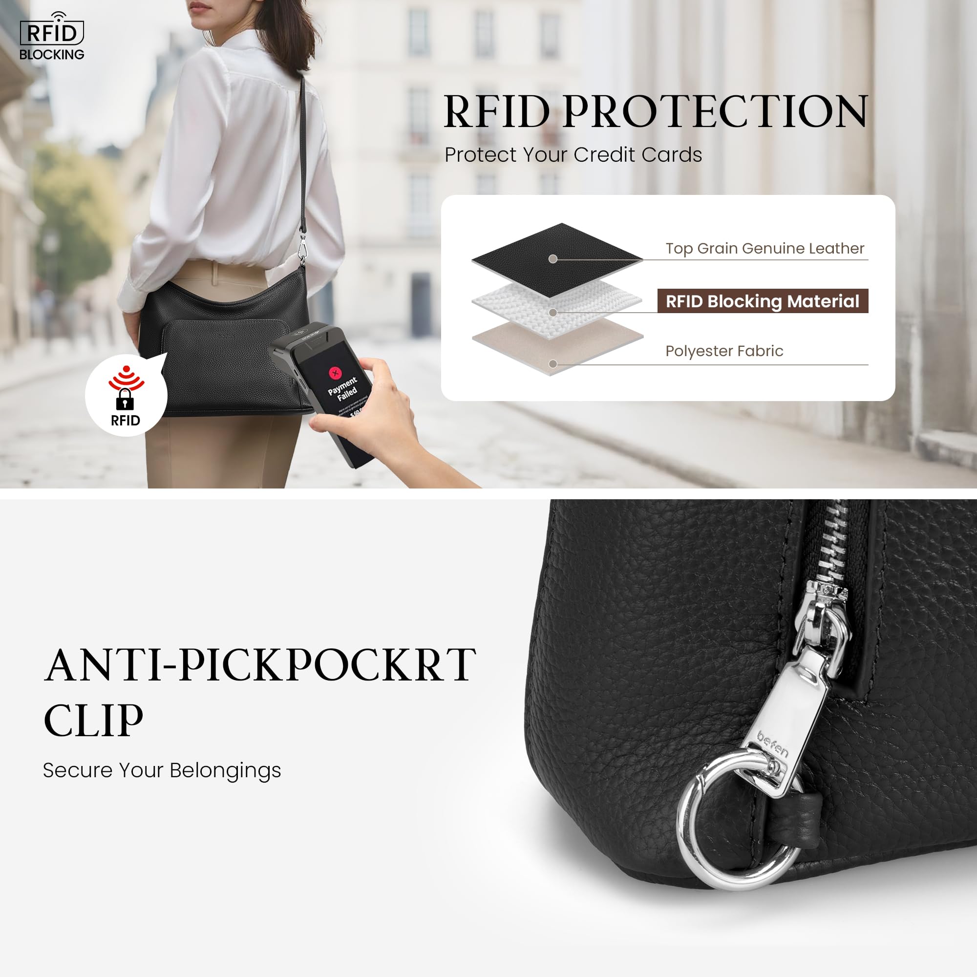 befen Genuine Leather Hobo Bag Purses for Women, Anti Theft Built in RFID Wallet Crossbody Bag Purses, Soft Real Women's Shoulder bag Handbags with 2 Adjustable Shoulder Straps and 4 Zippers,Black