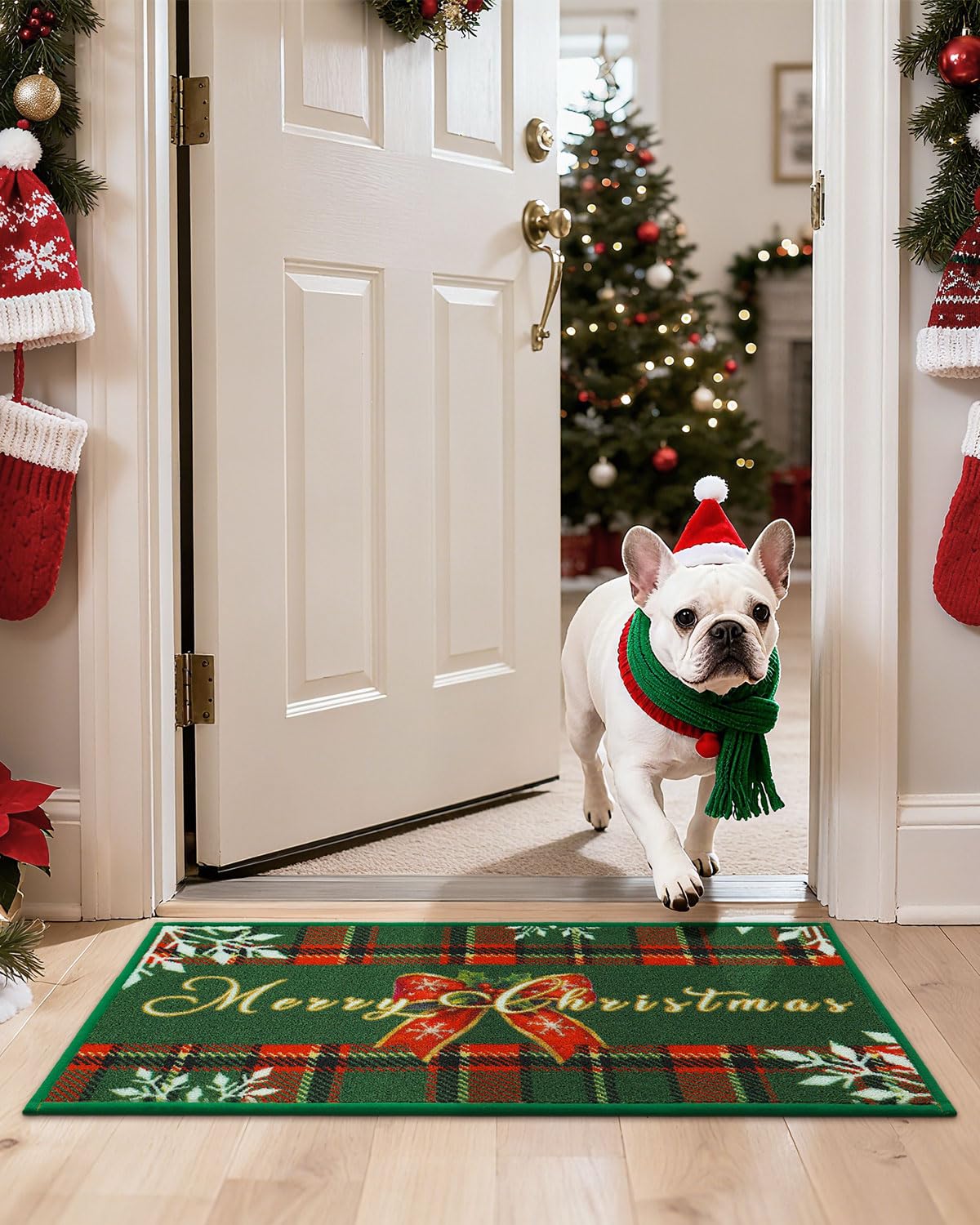 JSEI Door Mat Green Buffalo Plaid Christmas Mat 17"x30", Non-Slip Mats for Entryway with Merry Christmas Greeting and Bow Snowflake Design, Machine-Washable Xmas Doormat for Front Back Door