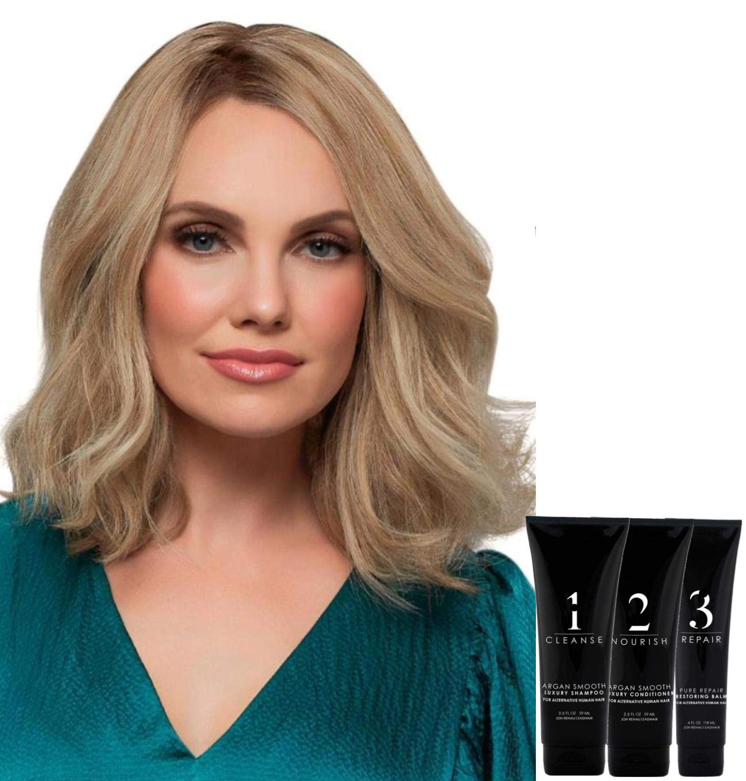 Bundle - 5 Items: Carrie Remy Human Hair by Jon Renau, Christy's Wigs Q & A Booklet Luxury Shampoo & Conditioner & Pure Repair Restoring Balm - Color: FS4/33/30A