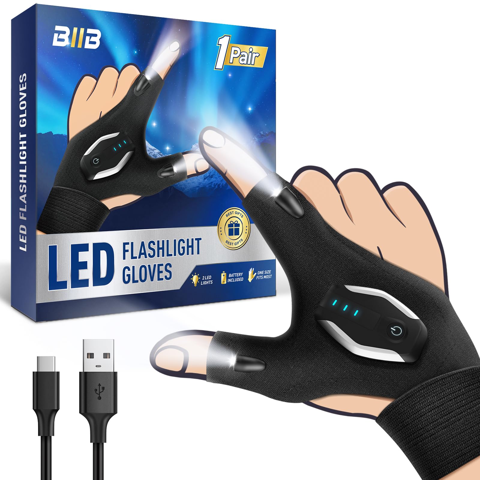 BIIB Stocking Stuffers for Adults Men, Rechargeable Flashlight Gloves Gifts for Men, White Elephant Gifts for Adults, Mens Gifts for Dad, Him, Husband, Grandpa, Dad Gifts Cool Camping Gadgets for Men