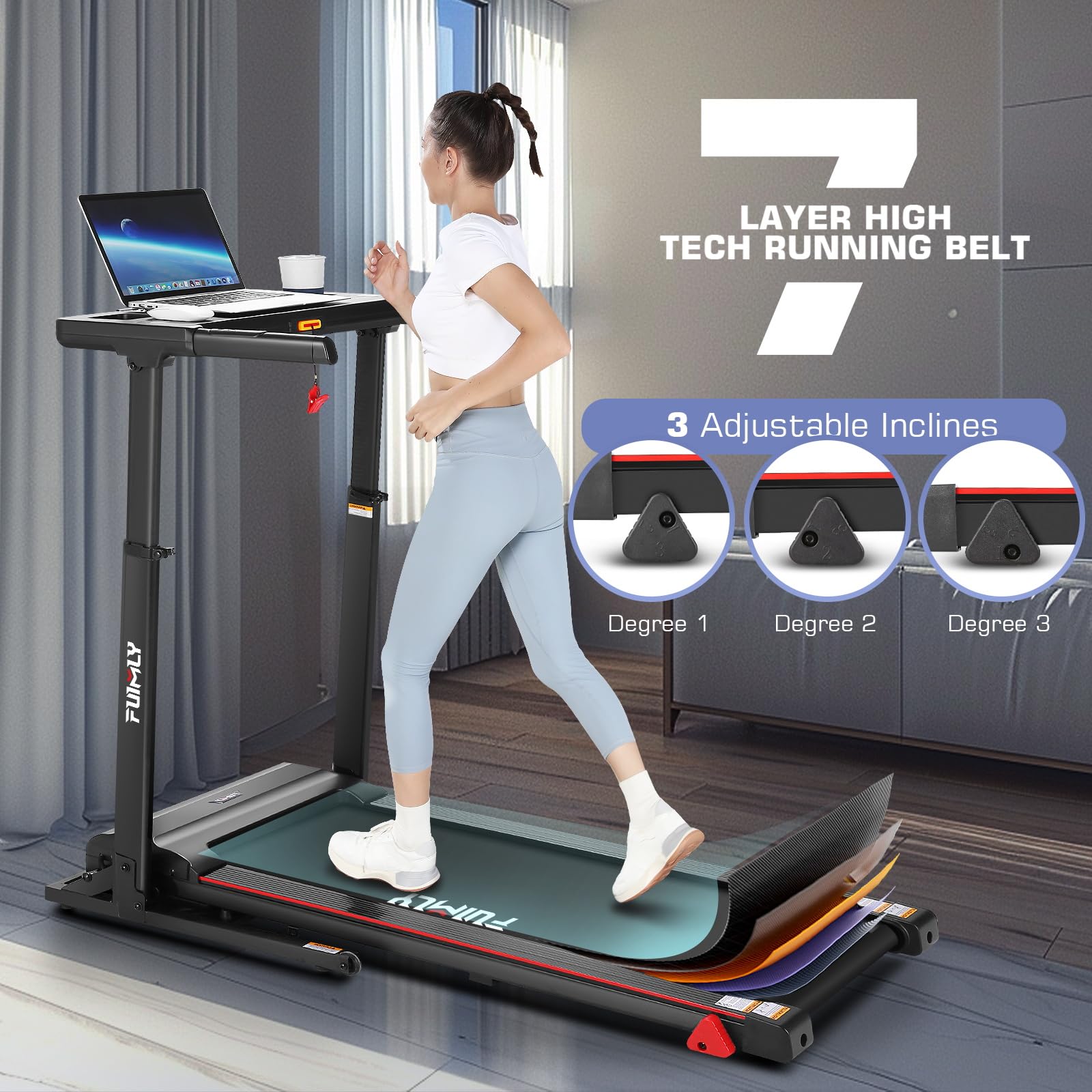 Treadmill with Desk Workstation & Adjustable Height, 350 LBS Weight Capacity, Folding Treadmill with 3 Level Incline, Bluetooth Speaker & App, Portable 3.5HP Walking Pad with Desktop for Home Office