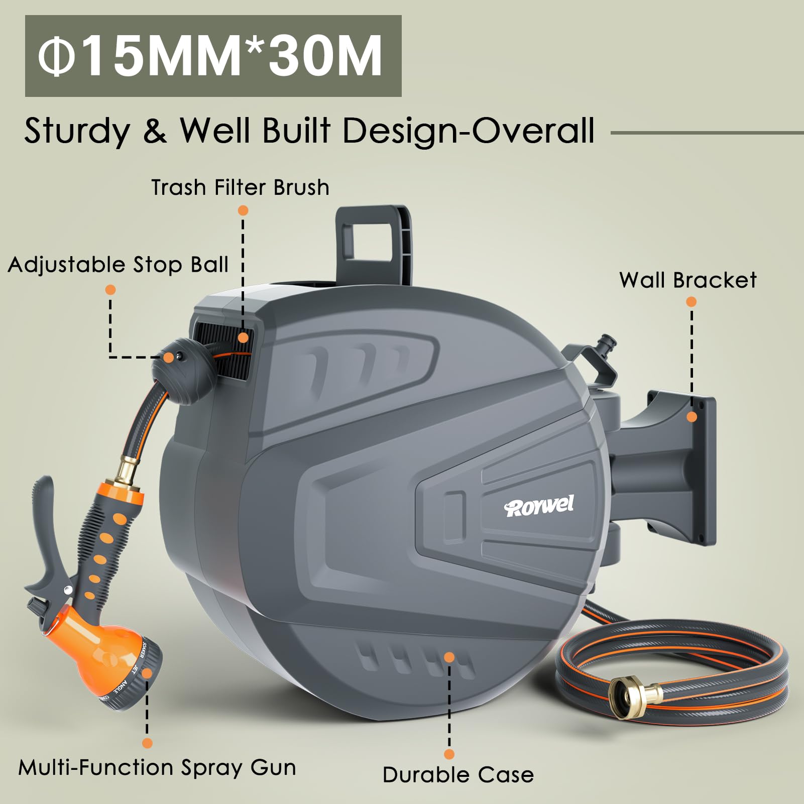 Roywel Retractable Hose Reel 1/2" X 100ft Garden Hose Reel,Auto Rewind/Self-Locking System/Wall Mounted/180°Pivot Bracket With 9- Function Sprayer Nozzle For Garden Lawn Garage watering