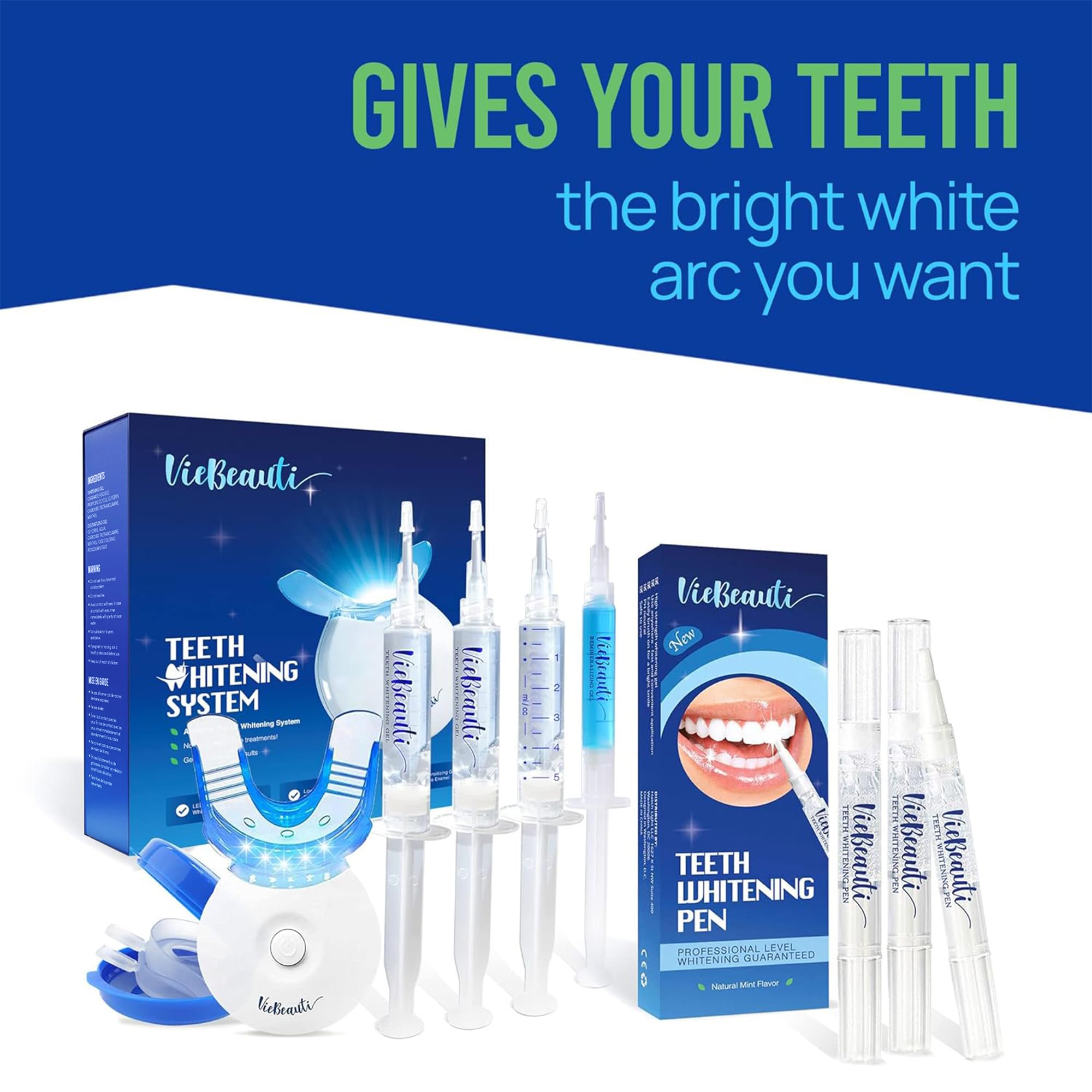 VieBeauti Teeth Whitening Kit - 5X LED Light Tooth Whitener with 35% Carbamide Peroxide, Mouth Trays, Remineralizing Gel and Tray Case - Built-in 10 Minute Timer Restores Your White Smile Mint