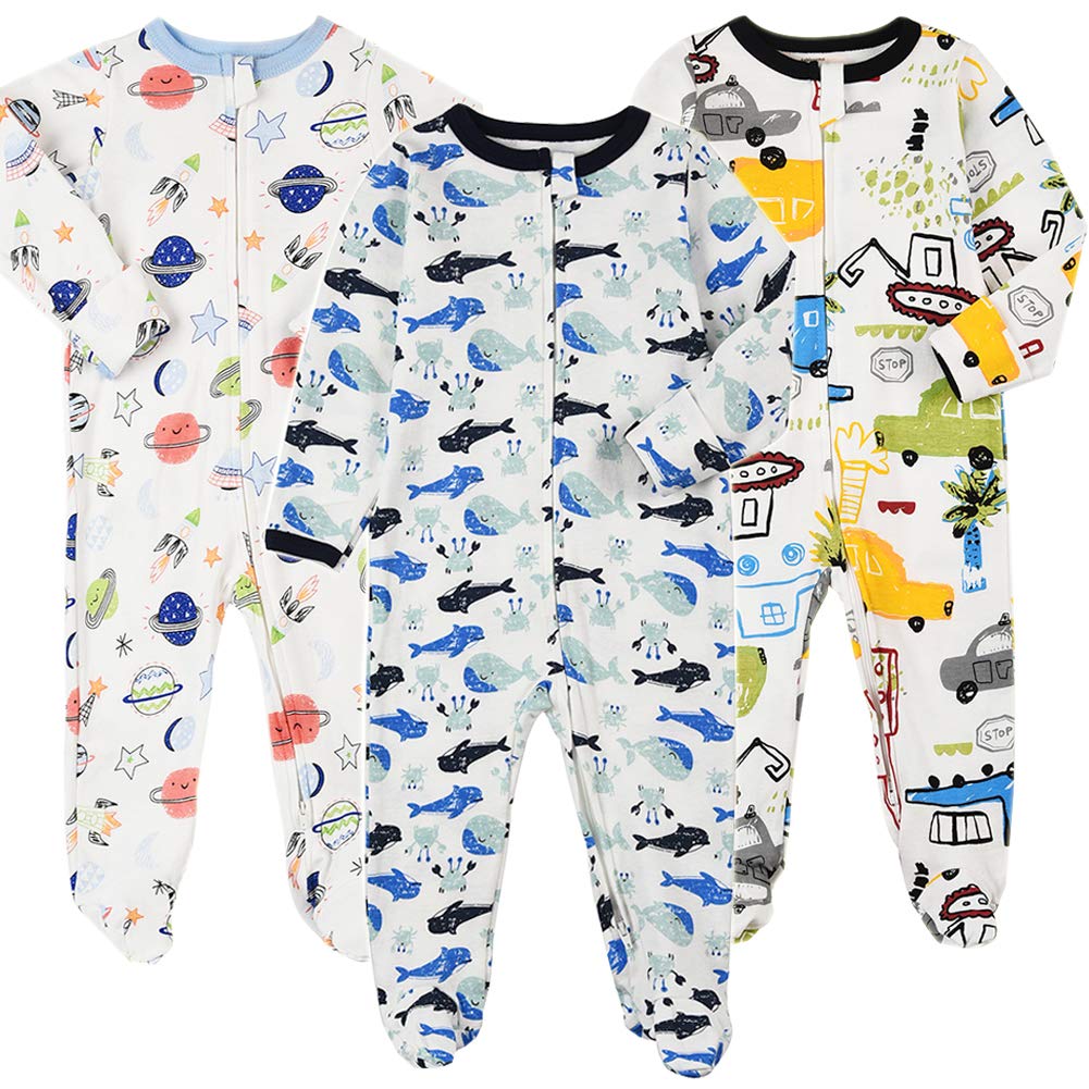 Aablexema Baby Footie Pajamas with Mittens - 3Pcs Infant Footed Sleeper Cotton Sleepwear Outfits(0-3M, Space/Vehicle/Whale)