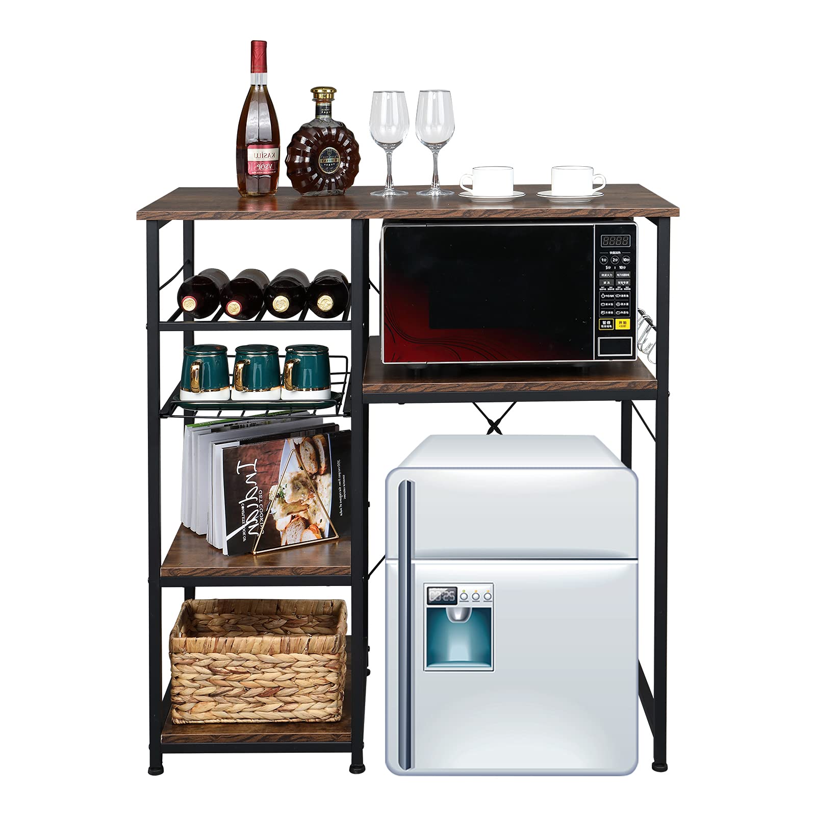 VINGLI Bakers Racks for Kitchens with Storage Mini Fridge Stand Bar Cabinet with Mini Fridge Space, Big Drawer, Wine Rack, Metal Frame Industrial Workstation Microwave Oven Stand 4-Tiers