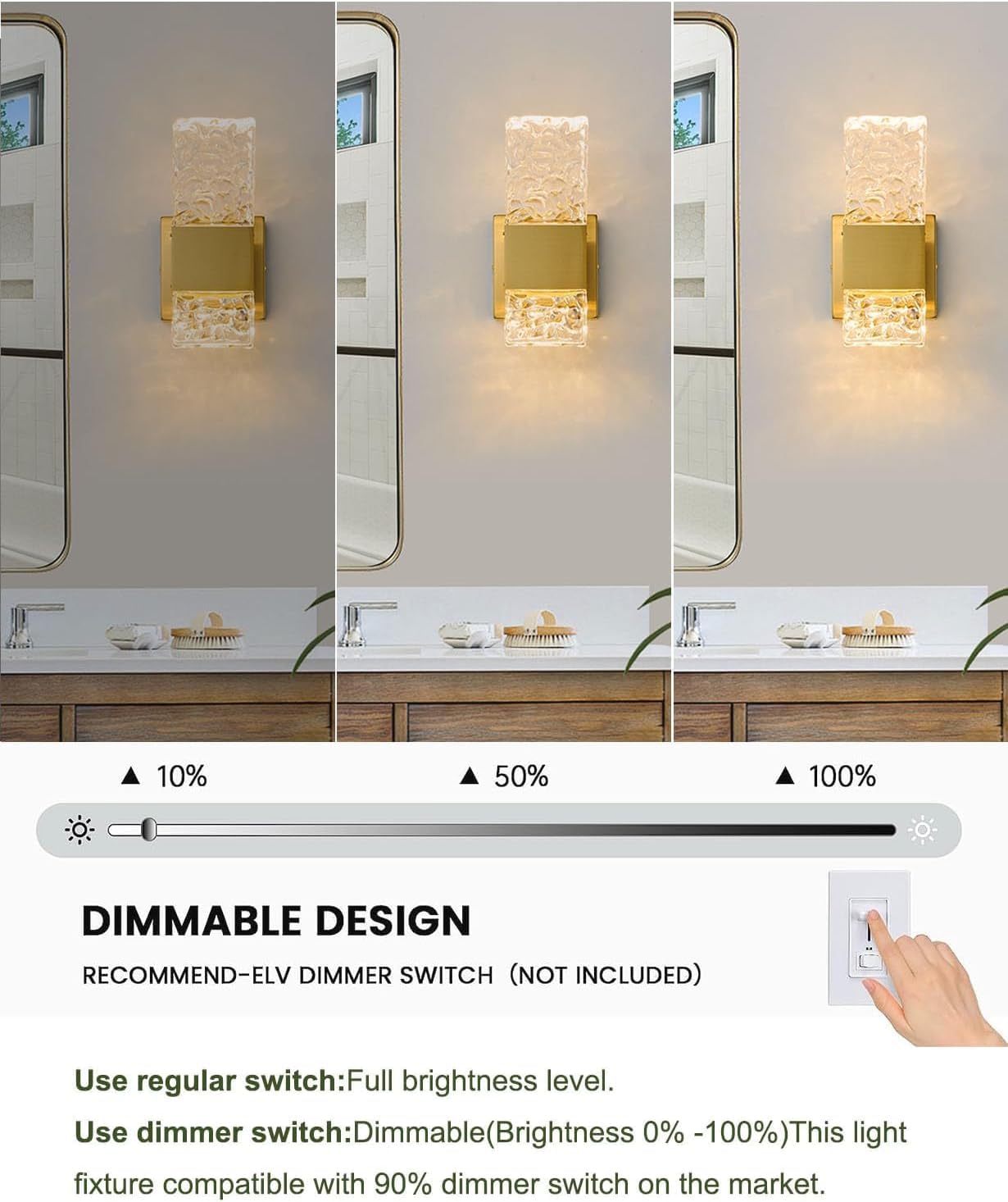 OYLYW Gold Dimmable Crystal Wall Sconces Set of Two Modern Bathroom Vanity Light Fixtures Warm White 3500K Dimmable LED Wall Mounted Sconces for Bathroom Hallway Living Room(2 Pack)