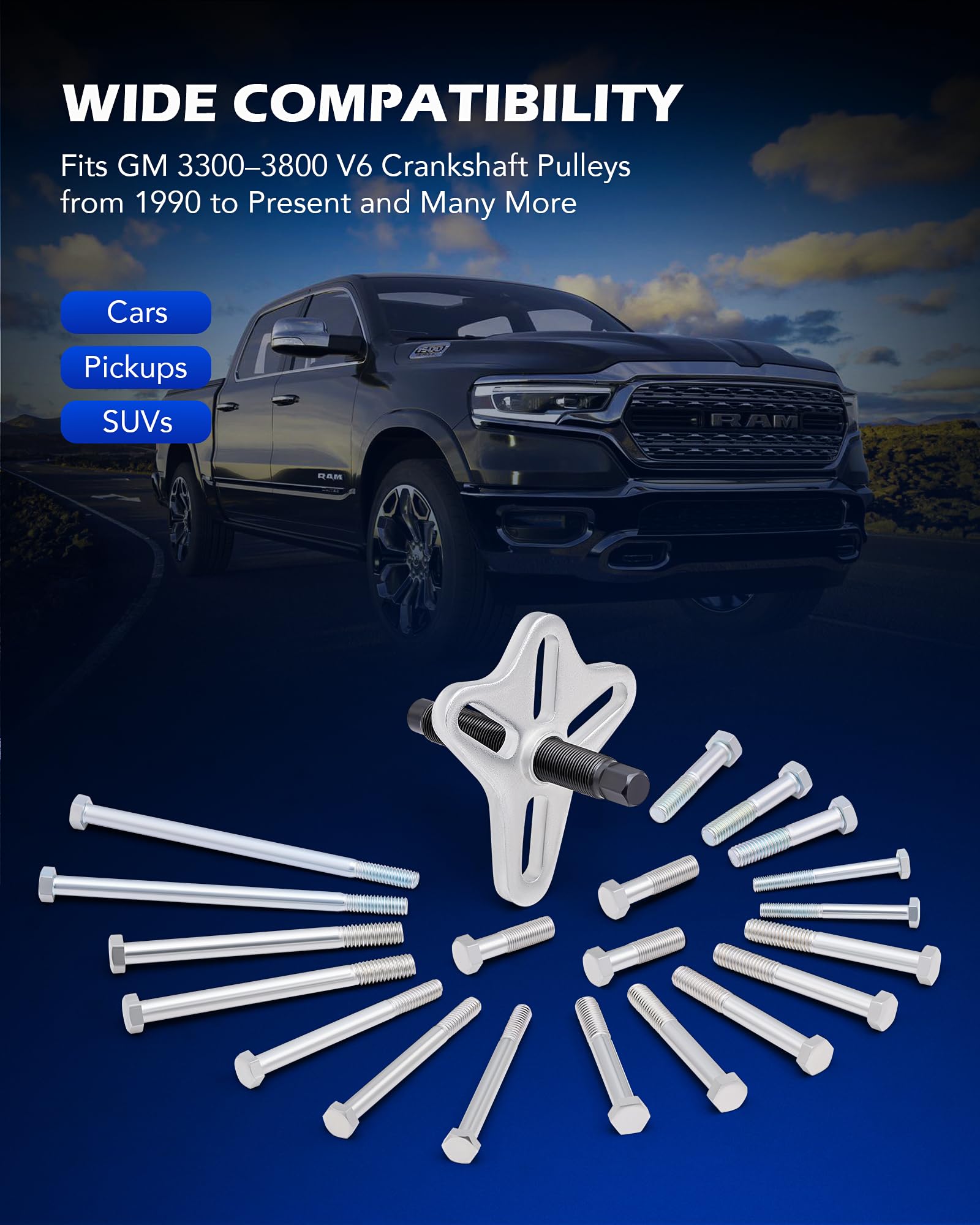 Orion Motor Tech Harmonic Balancer Puller Kit, Power Steering Pulley Puller Installer Tool Set, Automotive Steering Wheel Puller Tool Kit, Flange Type Gear and Crank Puller Set