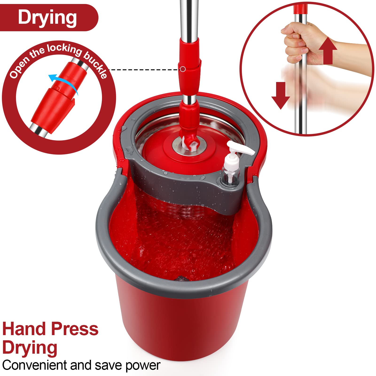 PULNDA Spin Mop and Bucket with Wringer Set,Mop and Bucket Set for Floor Cleaning with 3 Mop Refills 61 inches Telescoping Mop Rod for Office and Home use,Red,(360 Mop bucket)