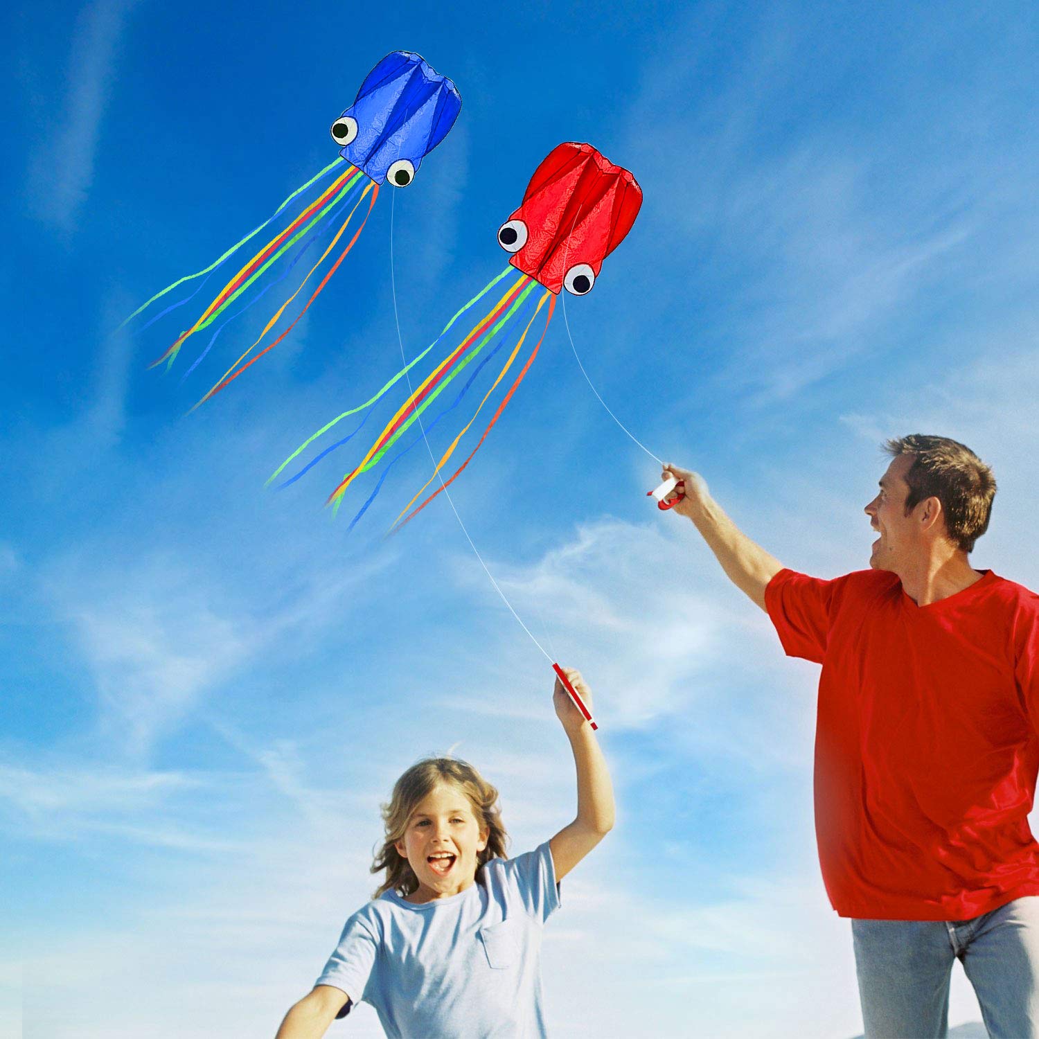 SINGARE Large Octopus Kites, Long Tail Beautiful Easy Flyer Beach Kites, Good Kite for Kids and Adults Easy to Fly(Red+Blue)