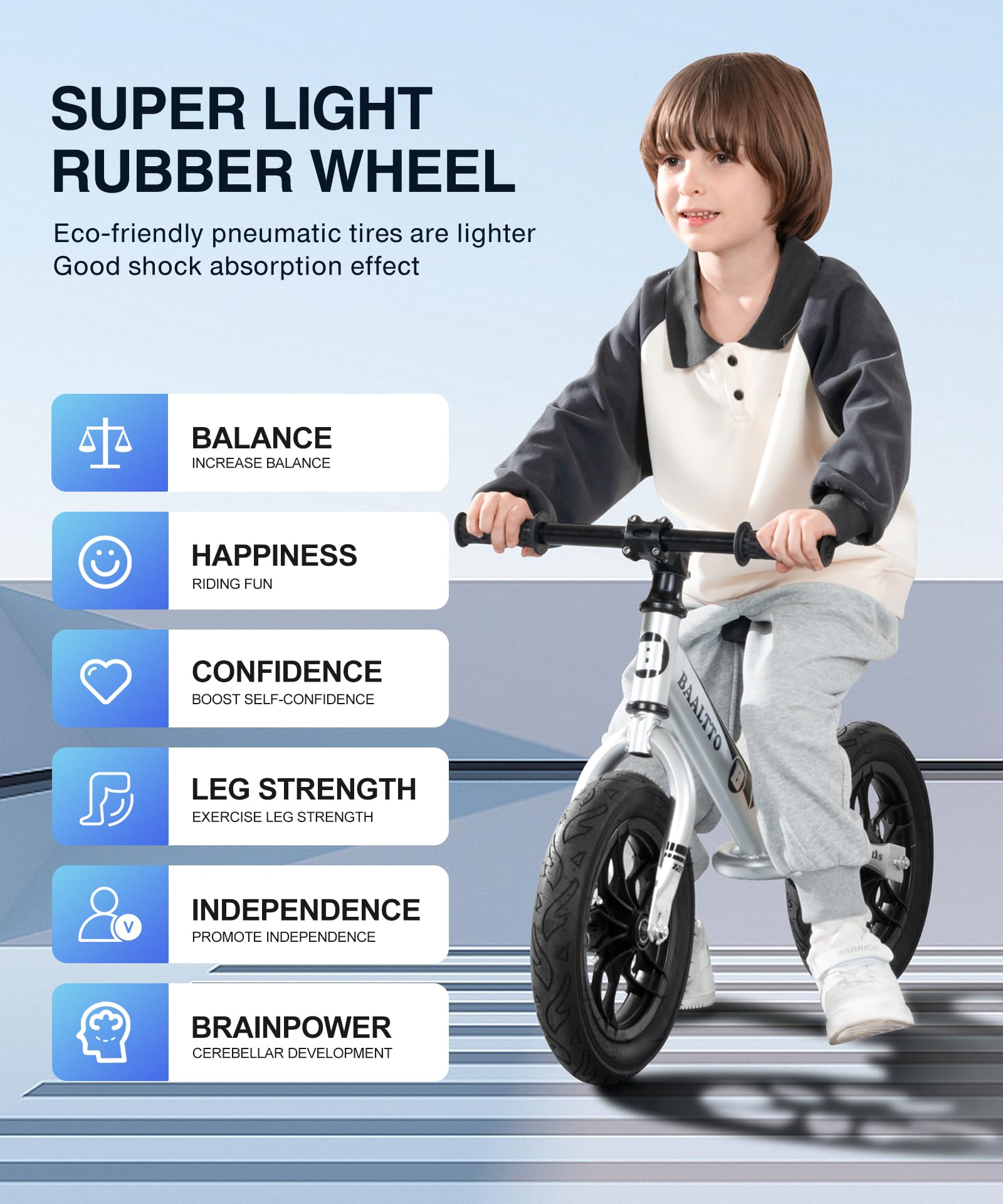 BAALTTO Balance Bike Rubber Tires, Metallic Paint, Colorful Lights, Mountain Bike Handlebars, and Integrated Stand - 12-Inch Wheel, Suitable for Boys and Girls Ages 2-7(Silver)