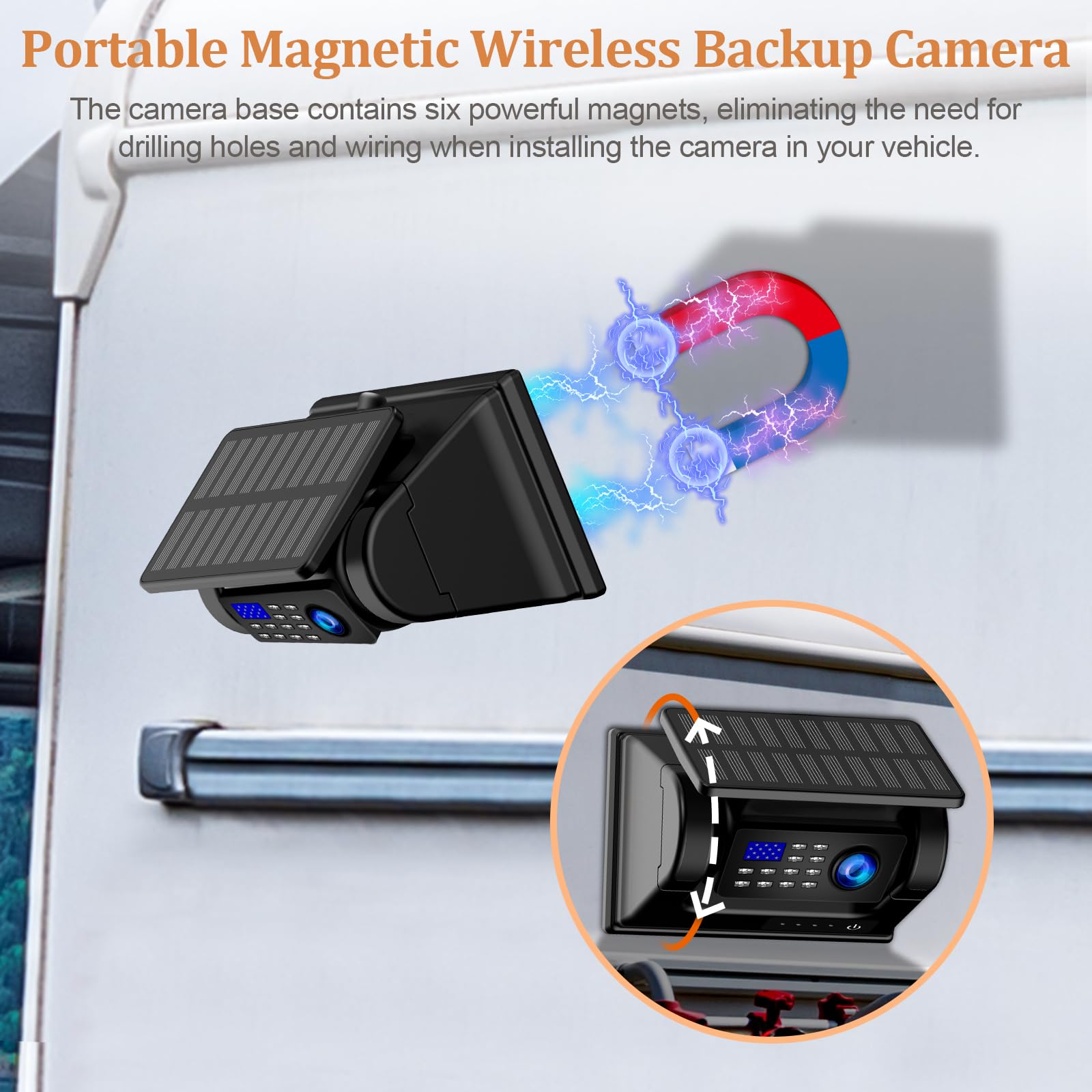 Magnetic Solar Wireless Backup Camera: 5 Inch DVR 1080P HD IPS Monitor, Rechargeable Reverse Camera System, Portable Cordless Rear View Camera for Truck RV Camper Hitching Gooseneck Horse Trailer