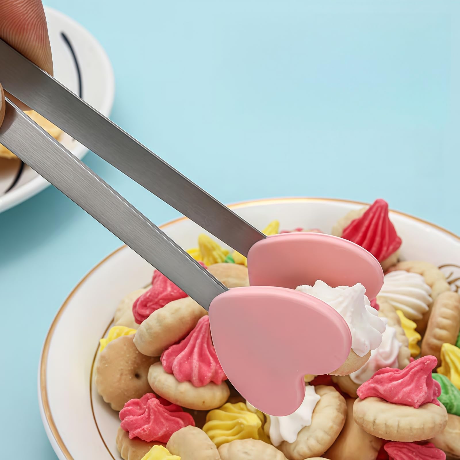 JXHAPY 8PCS Mini Food Tongs, Small Stainless Steel Tongs with Silicone Tips, for Ice Cube, fruits, Sugar, Barbecue, 5.3 inch,8 Colors (Heart shape)