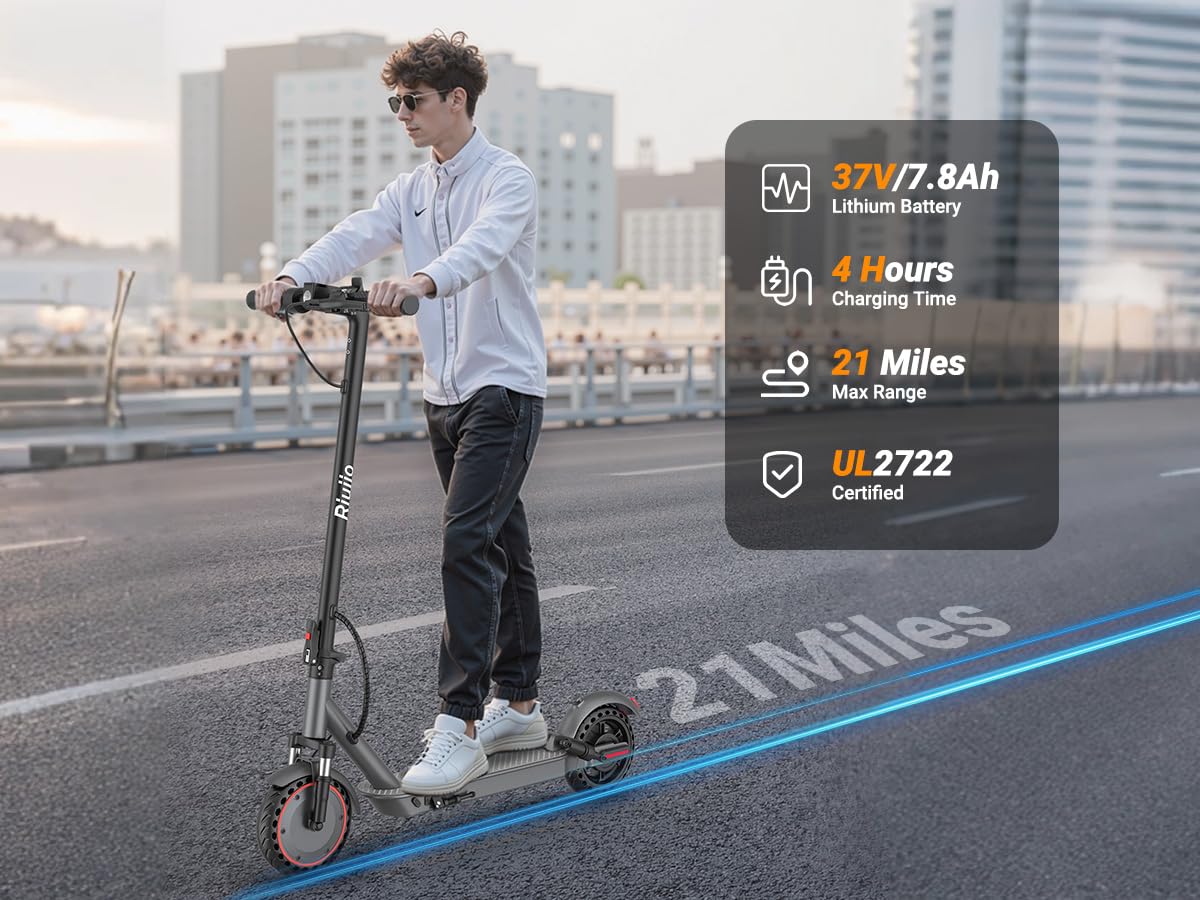 Riuiio Electric Scooter for Adults - 19MPH, 21-Mile, Dual Suspension, 8.5" Solid Tires, 350W Motor, UL2272 Certified Foldable Commuting E-Scooter with App Control, Black