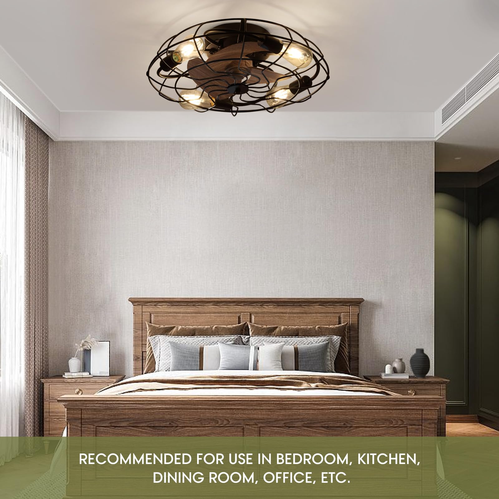 LUDOMIDE Caged Ceiling Fan with Light and Remote, 21" Small Flush Mount Ceiling Fan with Lights, 3 Enclosed Blades, 6 Wind Speeds Industrial Low Profile Ceiling Fan for Bedroom, Living Room