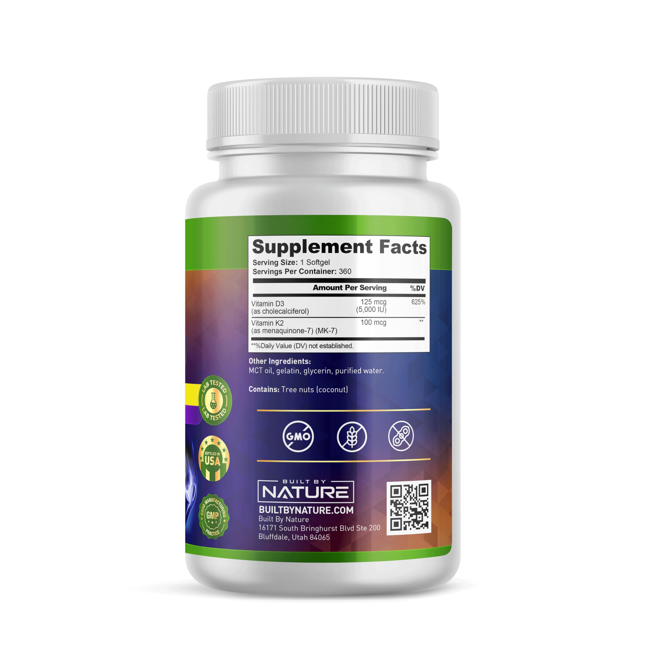 Built by Nature Vitamin D3 K2 5000 IU + 100 mcg MK-7 - Extra Strength, High Absorption - Bone, Heart & Immune Support - Coconut MCT Oil - Non-GMO – 1 Year Supply - 360 Softgels
