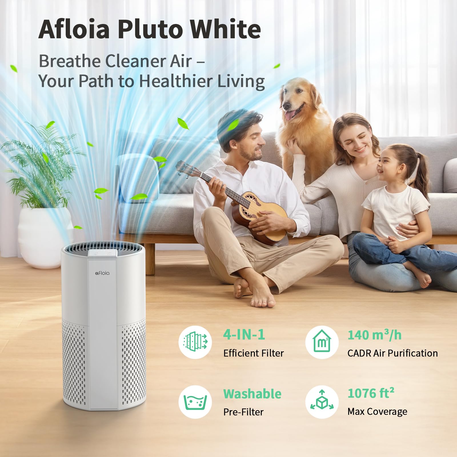 Afloia Air Purifier for Home, 4-in-1 Washable Filter for Allergies, Covers Up to 1076 ft², Quiet Operation, Auto Shut-Off & Night Light, Removes Pet Dander, Pollen, Dust, Mold, and Smoke, White,Pluto