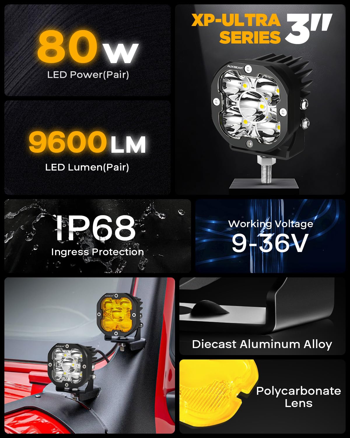 Auxbeam XP-Ultra Series 3" 80W Cube LED Pods White Spot Beam & Amber Combo Beam Replaceable Light Covers 9600LM Yellow Offroad Ditch Lights Driving Light Bar, Pair