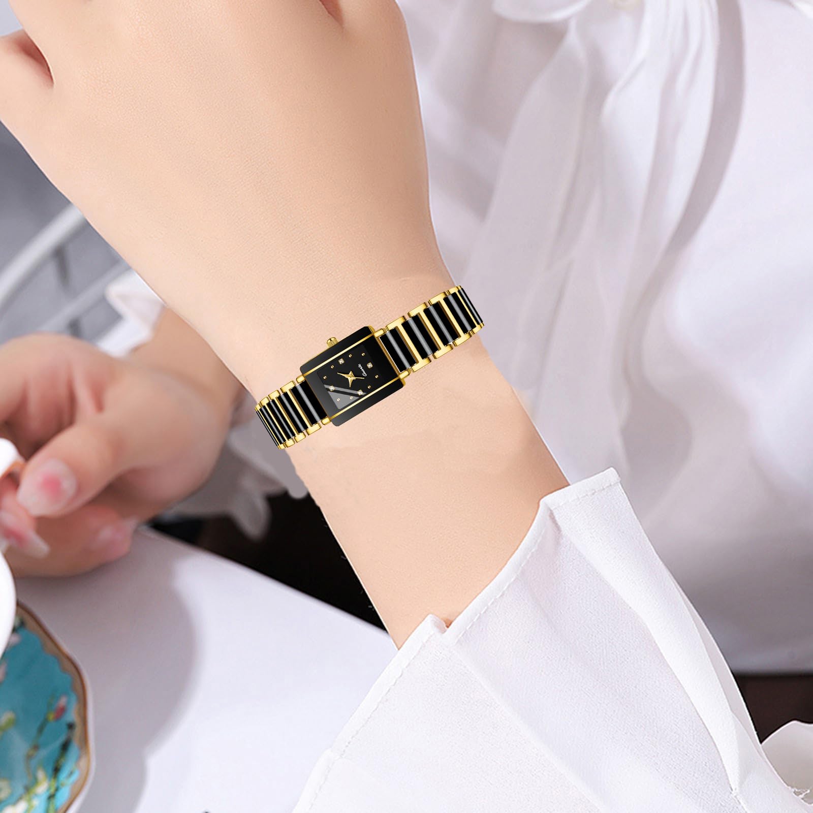 BESTKANG Vintage Square Ceramic Ladies Quartz Watch with Diamond Accents, Waterproof, Elegant Women's Wrist Watch (Black Gold)