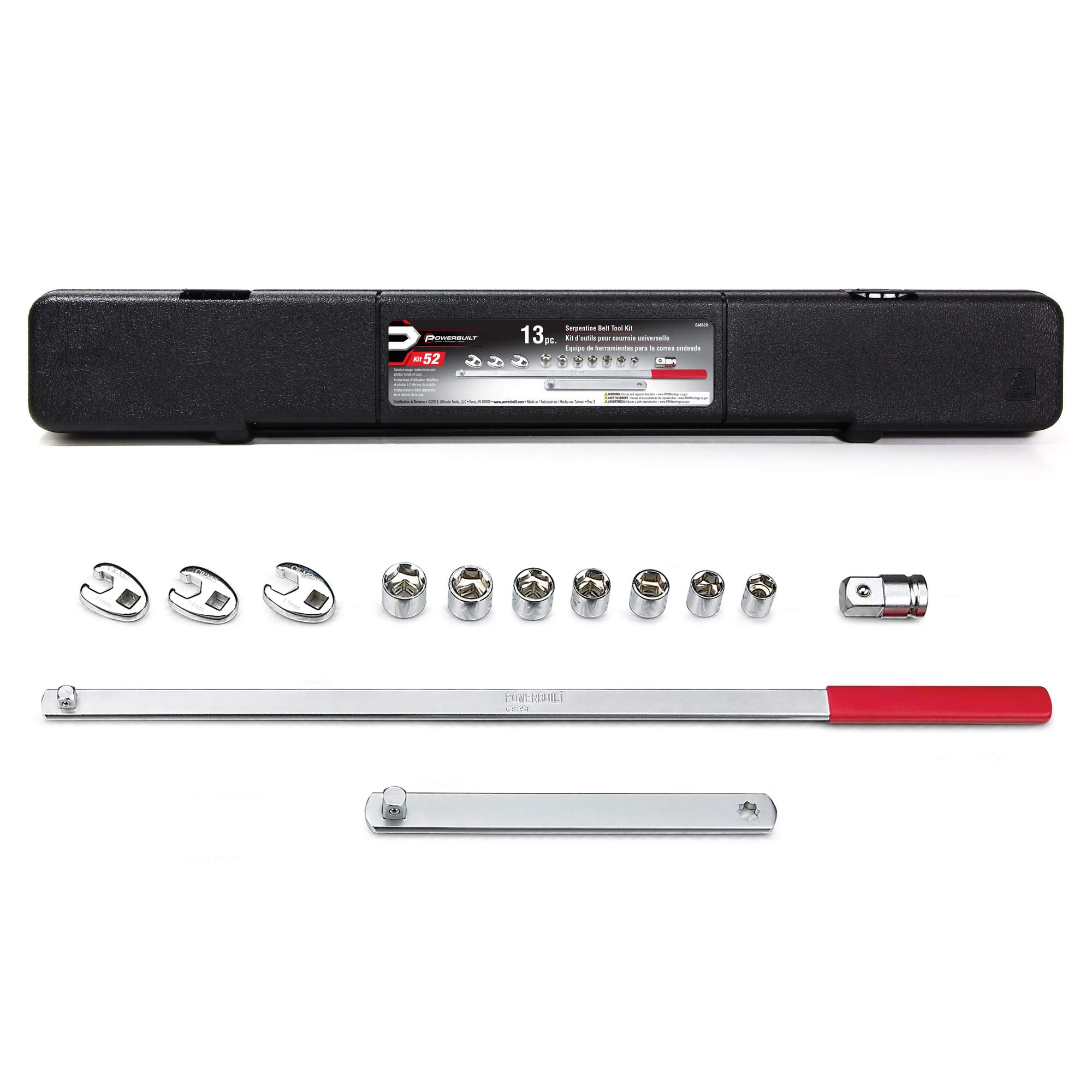 Powerbuilt Serpentine Belt Tool Set, Remove and Install Car Vehicle Serpentine Belts, for Spring-Loaded, Accessories and Storage Case Included - 648629,Silver