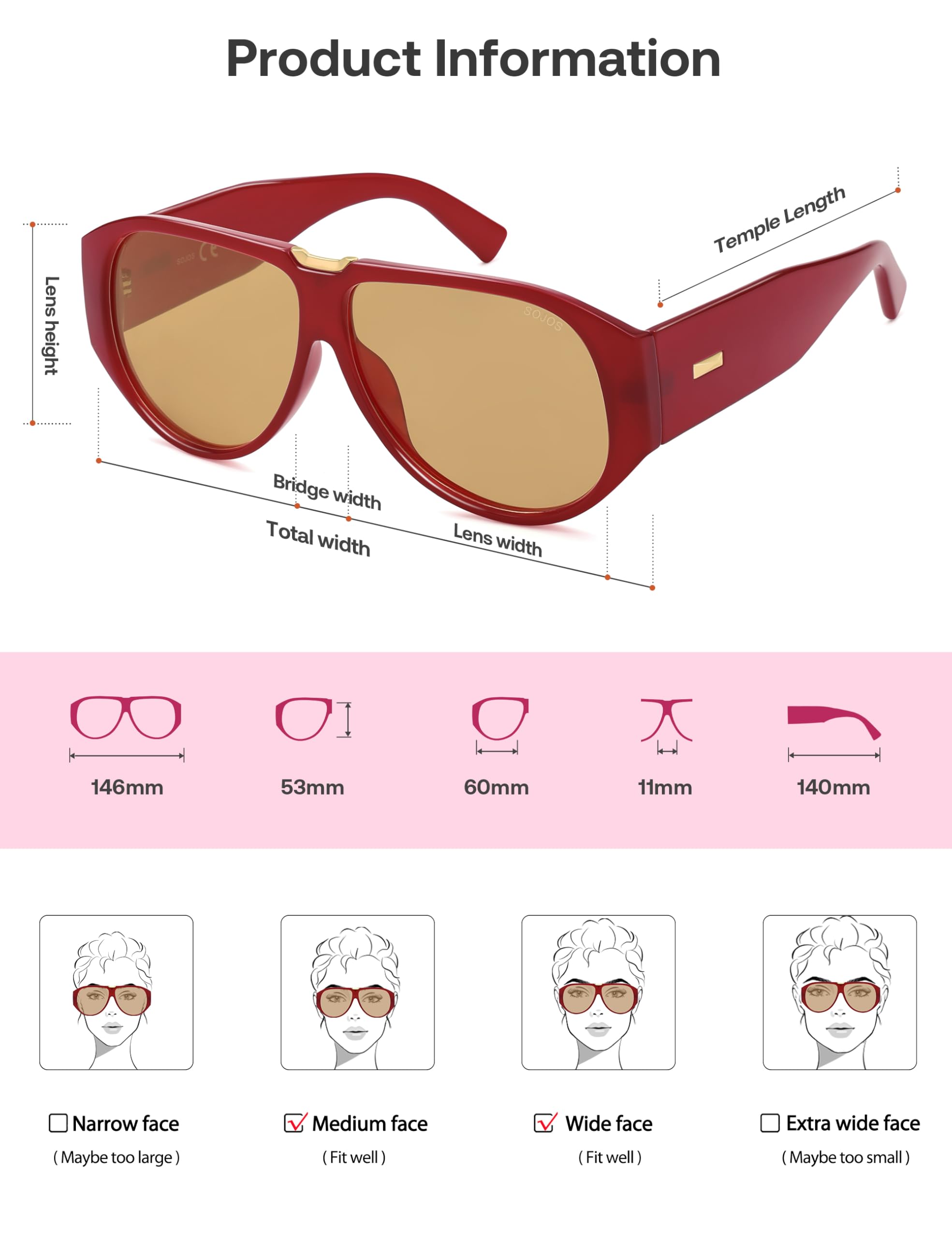SOJOS Oversized Aviator Sunglasses Polarized Womens Mens Retro Trendy Vintage Big Square Shield SJ2392 Red Frame Light Brown Lens