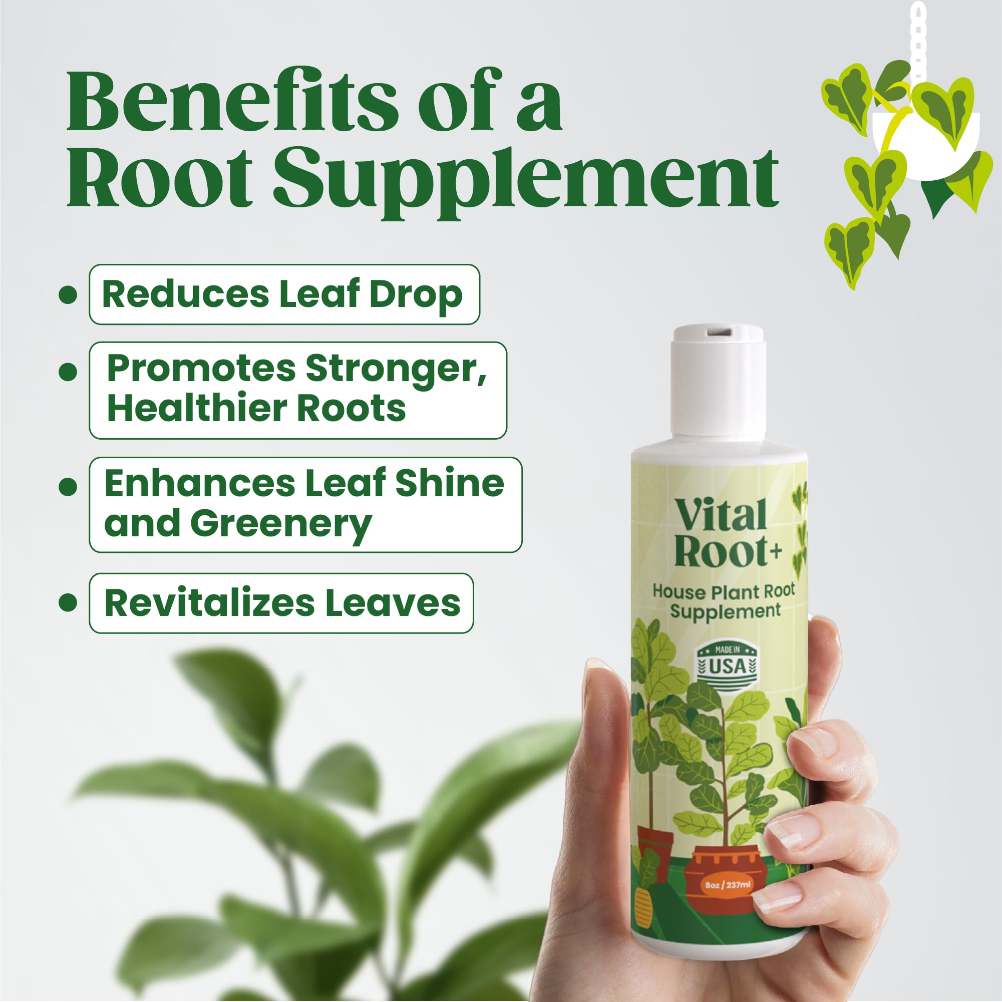 Root Supplement, Liquid Stimulator for Fiddle Leaf Fig & Indoor Plants - Propagation Promoter & Rot Treatment - Food for Healthy Roots, Stems & Leaves - Made in USA