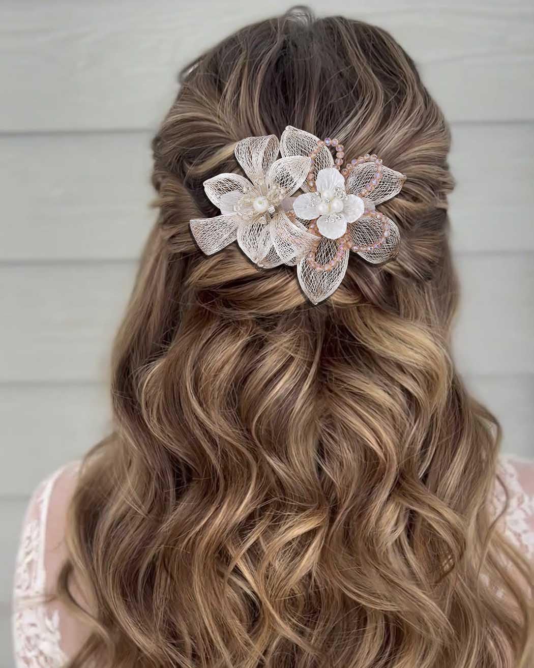 Campsis Wedding Hair Piece Pearl Bridal Headpiece Flower Bride Hair Barrettes Copper Wire Wedding Hair Accessories for Women and Girls