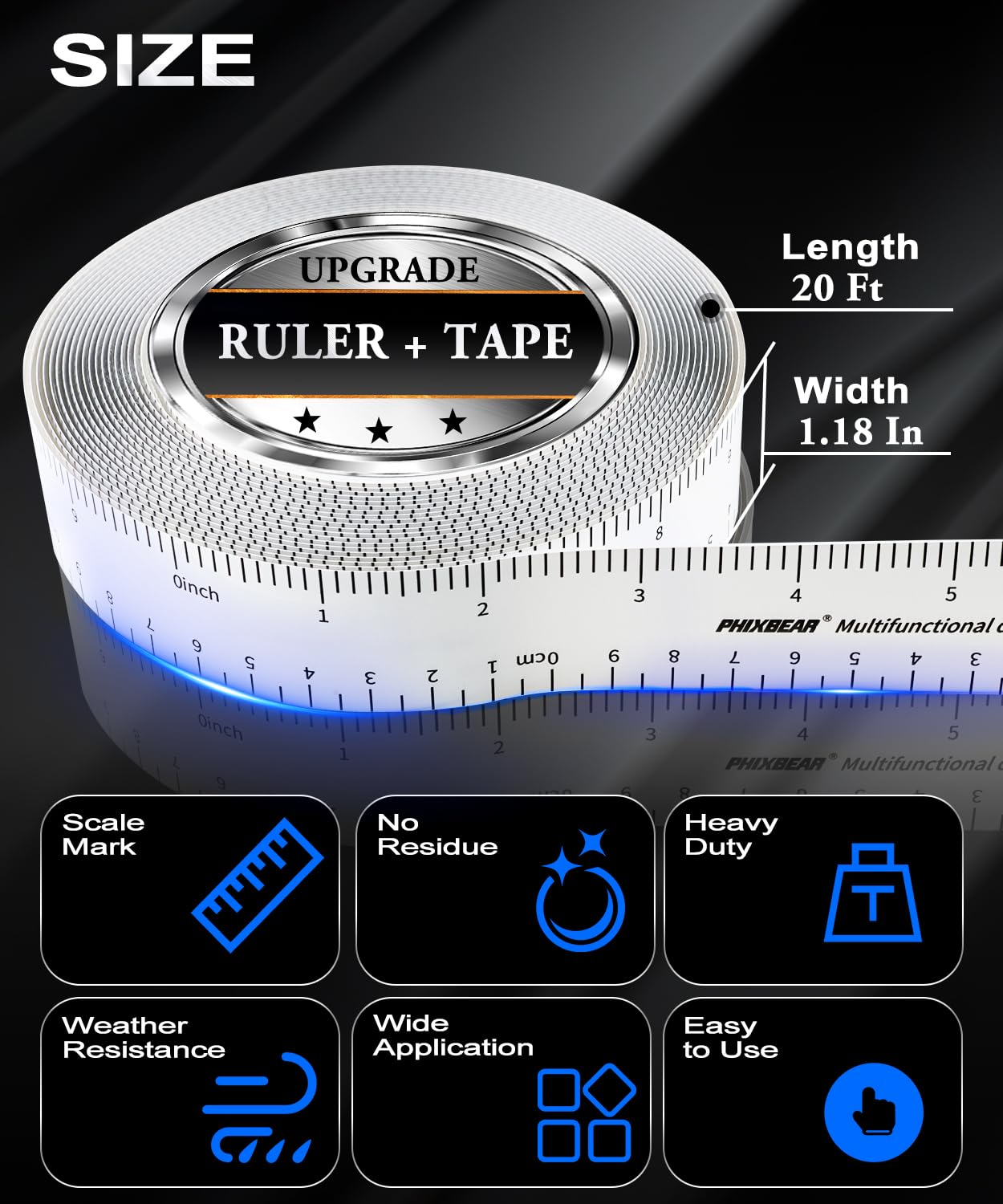PHIXBEAR Extra Large 1.18 "x20Ft Heavy Duty Clear Double Sided Tape Mounting with Inch Measurement Mark, Removable Tough Nano Strong Tape, Used for Walls, Carpets, Posters, Dormitories