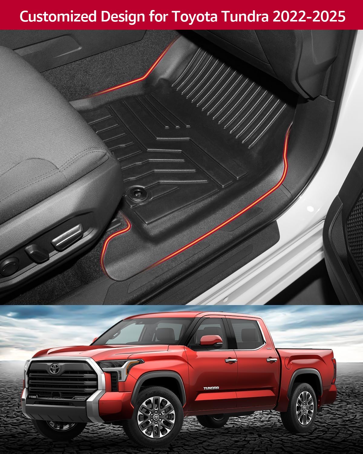 Floor Mats Compatible with Toyota Tundra 2022 2023 2024 2025 CrewMax Interior Accessories Front & 2nd Row Liner All-Weather Guard Seat Floor Protection
