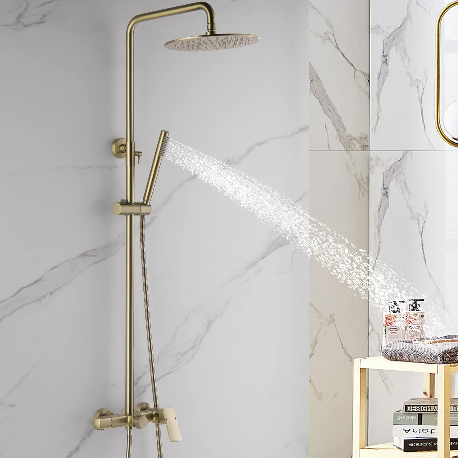 RBROHANT Brushed Gold Exposed Shower System with Tub Spout, 3-Functional Exposed Shower Fixtures with Brass Valve, Shower Height Adjustable, Wall Mounted, RB0880