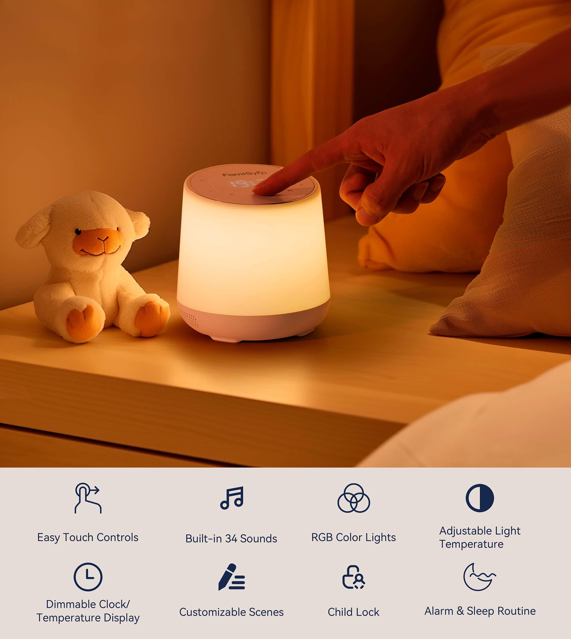 FamiSym White Noise Sound Machine for Baby Kids, Nursery Night Light, Alarm Clock, Dimmable Clock & Temperature Display, 34 Soothing Sounds, Toddler Sleep Trainer, Baby Sound Machine for Sleeping