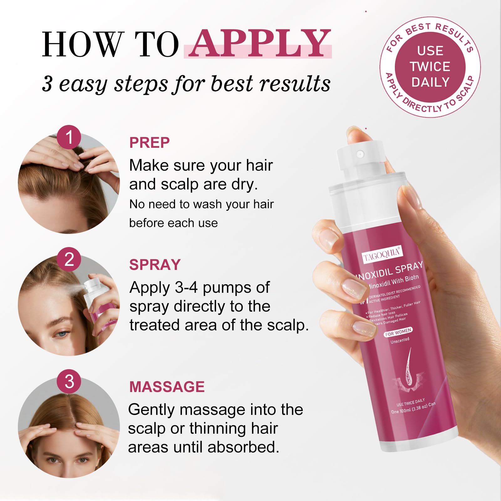 5% Minoxidil for Women Hair Regrowth Spray, hers hair regrowth treatment Infused with Biotin, Extra Strength Treatment to Combat Hair Loss and Thinning, 3 Bottles