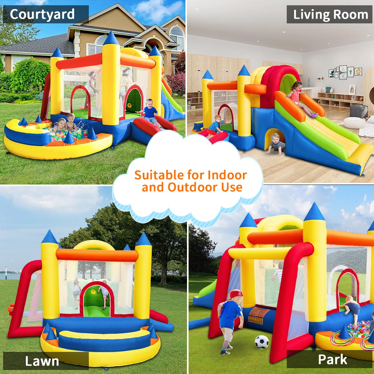 Hongcoral Inflatable Bounce House, 8 in 1 Large Bounce Castle with Blower for Kids and Toddlers, Outdoor Indoor Backyard Inflatable Bouncers with Two Slides