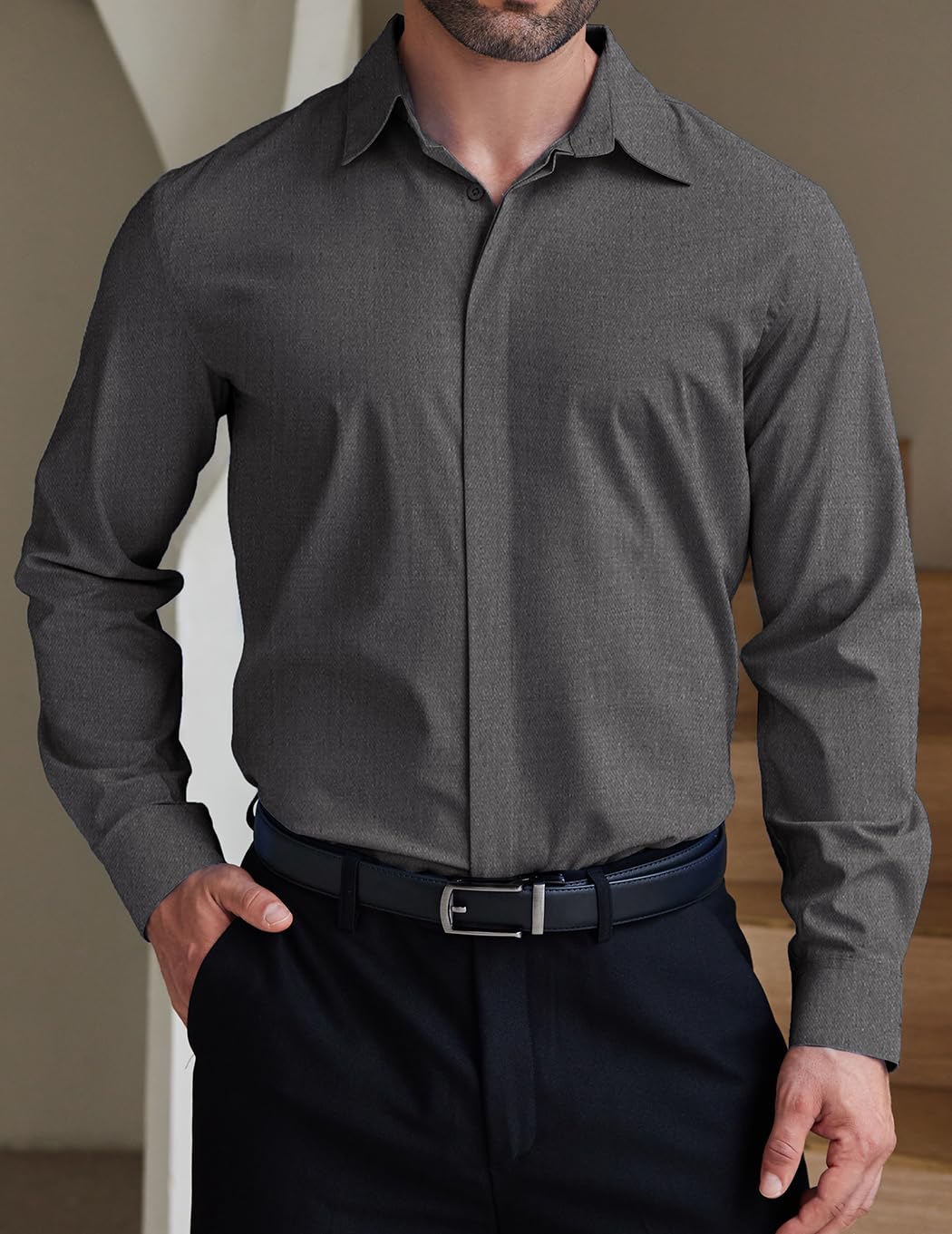 COOFANDY Mens Business Casual Shirt Covered Placket Button Up Long Sleeve Performance Suit Shirt for Men Relaxed Fit No Wrinkle Fitted Wedding Outfits Dark Grey Gray XL
