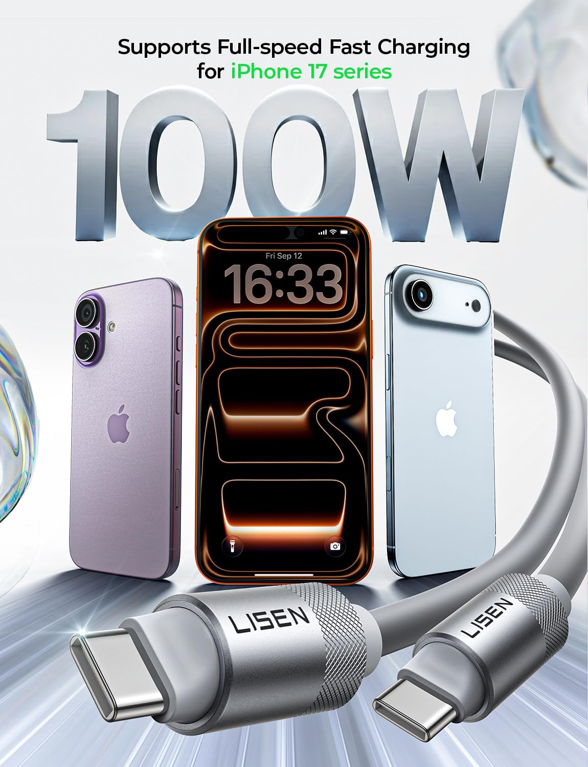 LISEN USB C Cable 10FT, Chubby 100W USB C to USB C Fast Charging Cable, Soft Silicone Long USBC to USBC for iPhone 17 Air 16 15 Pro Max, Samsung S25, MacBook Pro/Air, Switch 2, iPad