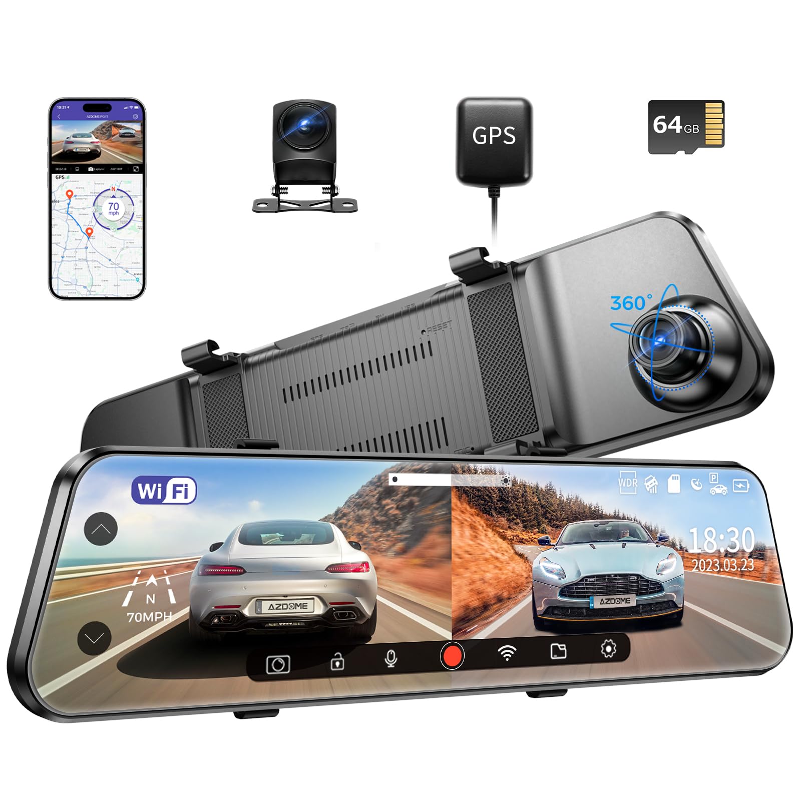 AZDOME PG17 WiFi Rear View Mirror Camera, 12" Mirror Dash Cam, Dual Camera 2.5K Front and 1080P Rear Camera for Car, Free 64GB TF Card, Waterproof Backup Camera Night Vision, Parking Assistance GPS