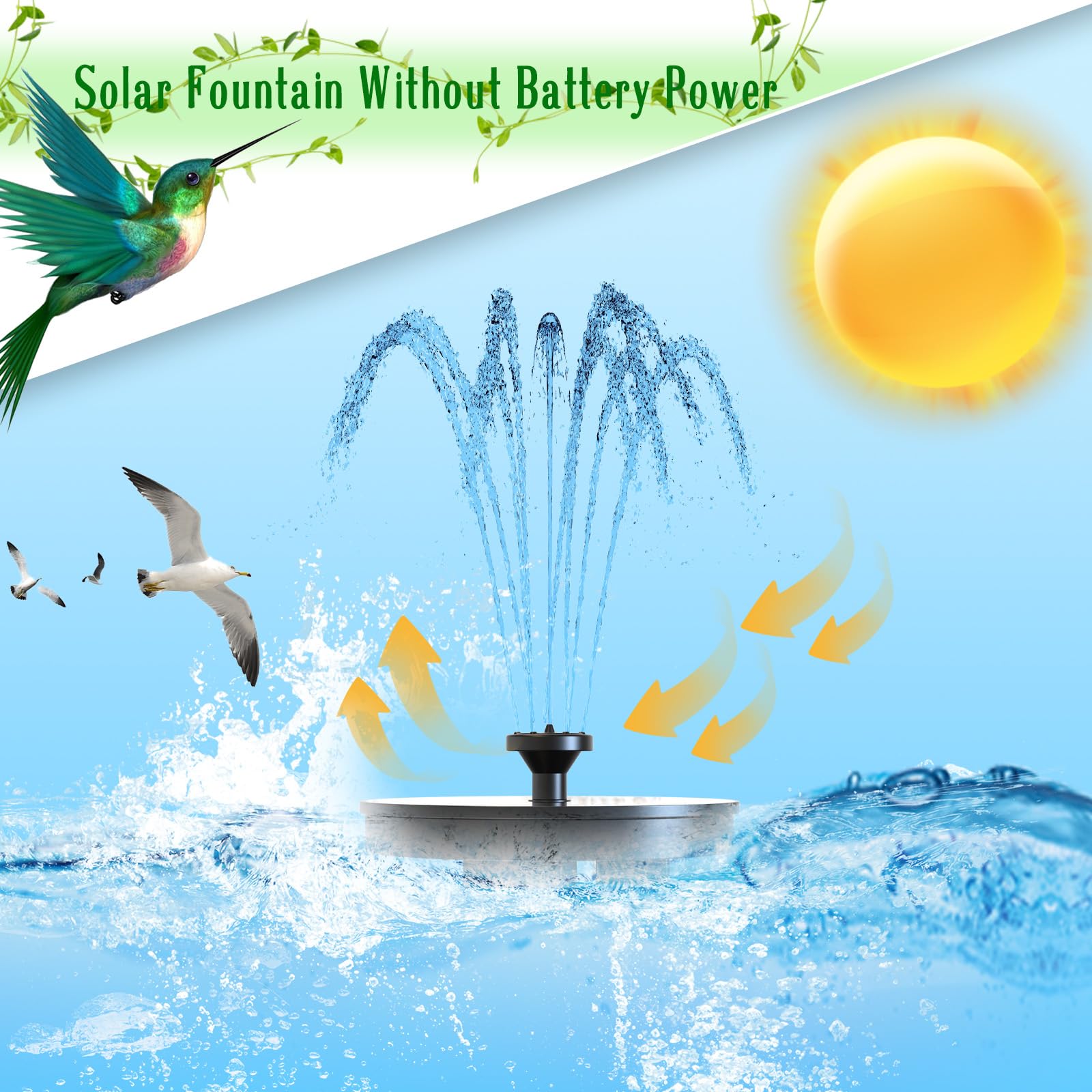 AMZtime Solar Water Fountain, Upgraded Solar Bird Bath Fountains with 6 Nozzles, Free Standing Floating Solar Powered Water Fountain Pump for Bird Bath, Garden, Pond, Pool and Outdoor