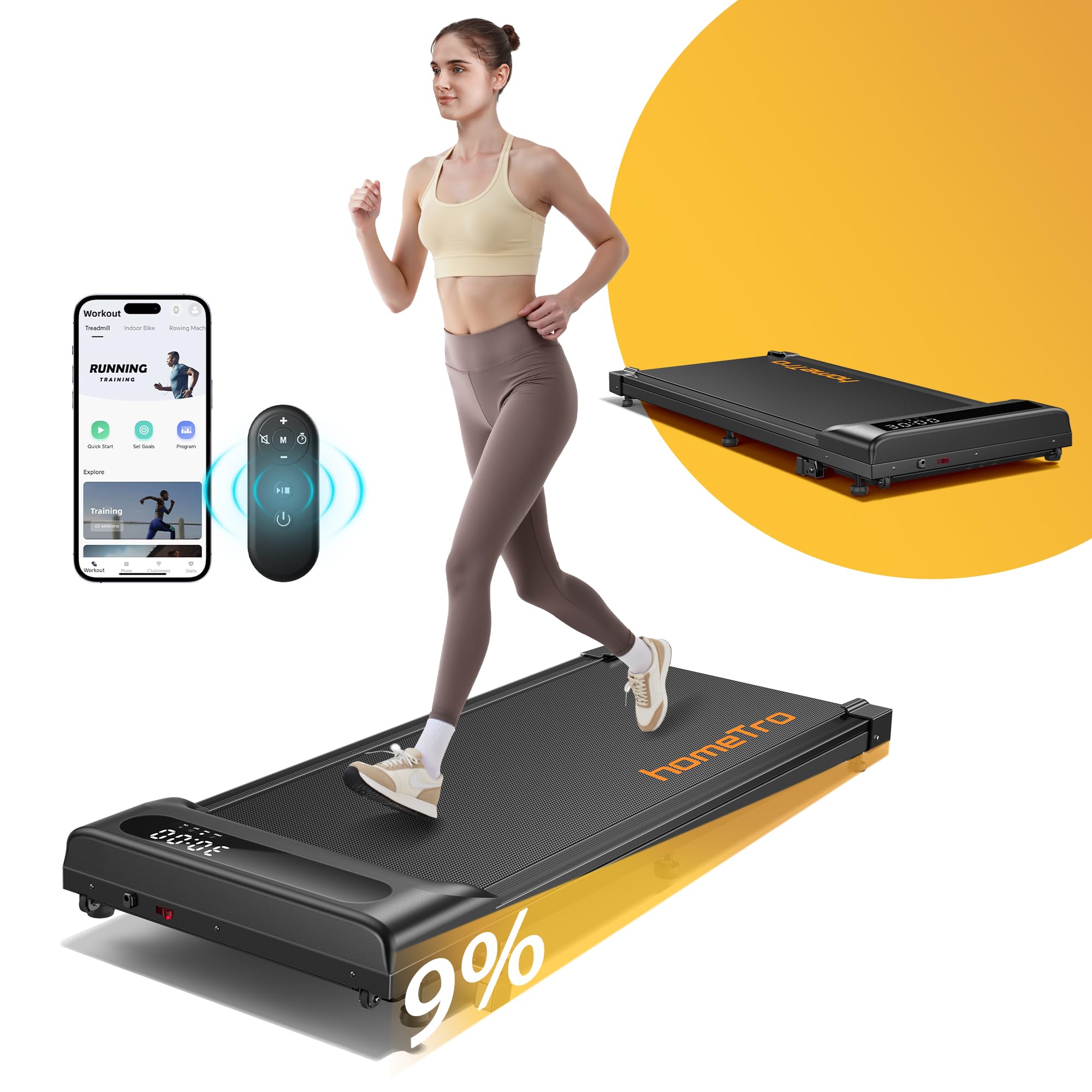 homeTro 3.0HP Walking Pad with 9% Incline, 0.6-5 MPH, Compact & Portable Under Desk Treadmill for Home/Office, Maximum 265lbs Capacity, Remote, APP Control, for Jogging/Running, Assemble Free, Red