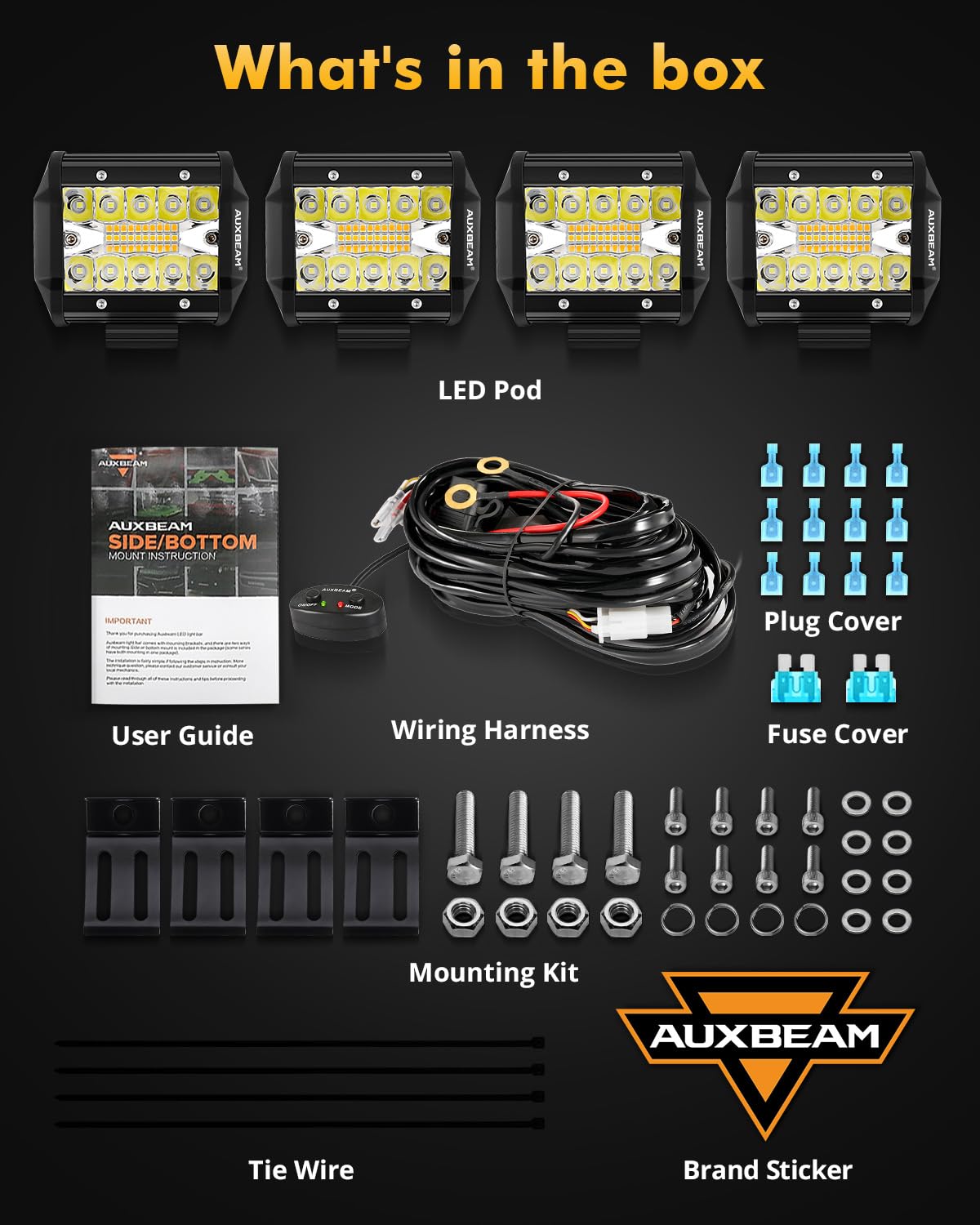 Auxbeam 6 Modes Amber White Series, 4 Packs LED Pod Lights Flash Strobe Warning Multi-Function, 4" 240W Spot Flood Combo LED Offroad Lights, for 4x4 4WD Truck Car Jeep Wrangler