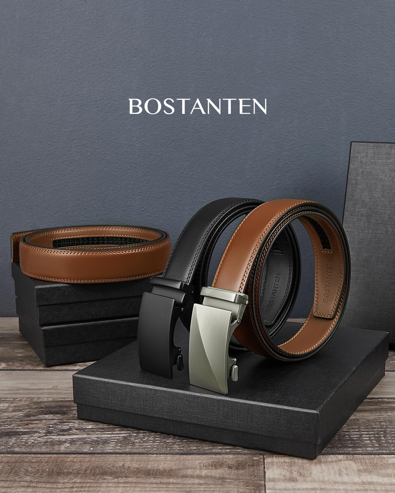 BOSTANTEN Mens Belt Leather 2 Pack Ratchet Belt For Men Gift Dress and Casual with Adjustable Buckle, Trim to Fit