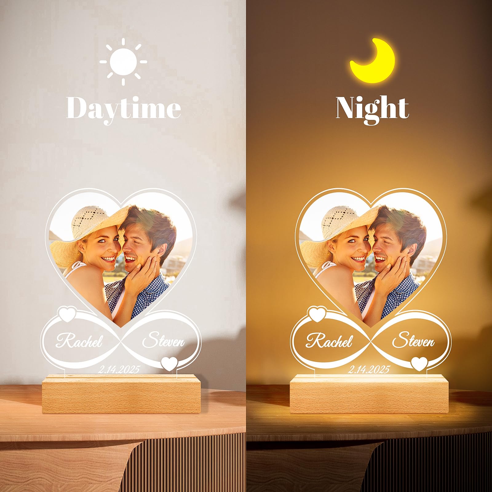 Personalized Valentines Day Gifts for Him Her, Customized Picture Frames with Photo, Custom Photo Frame with Night Light, Personalized Anniversary Couples Gifts for Women Men Boyfriend Girlfriend