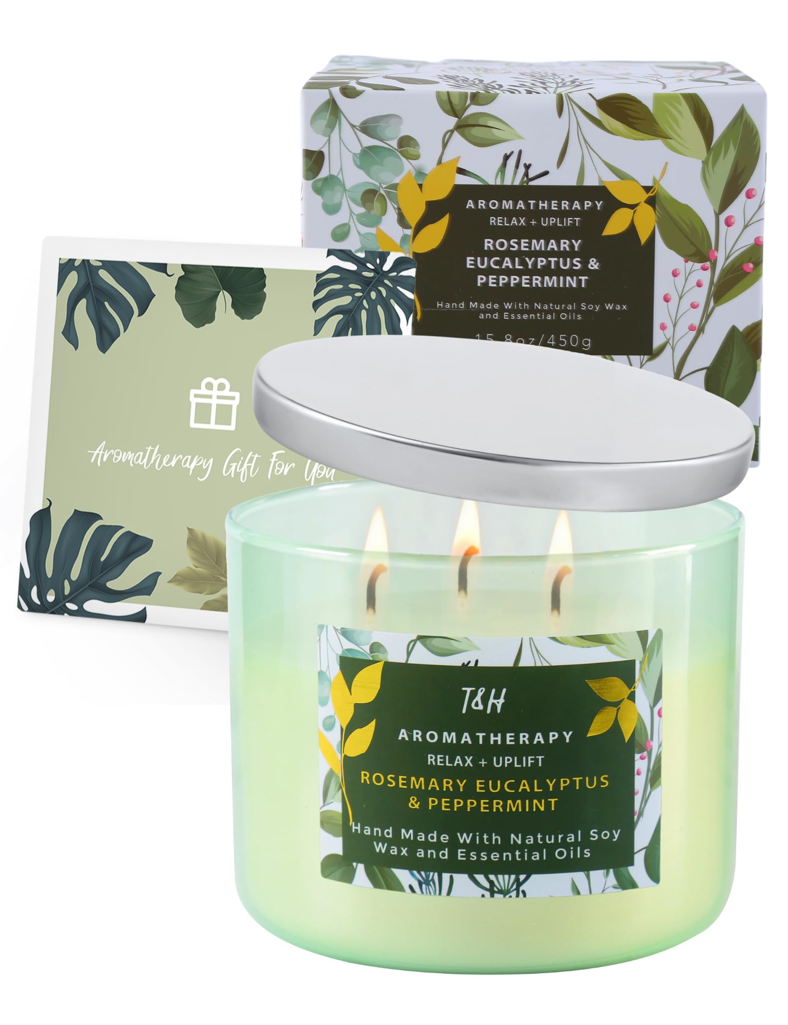 Rosemary Eucalyptus Peppermint Candle | Highly Scented Large 3 Wick Soy Candle 15.8 oz | Uplifting Fresh Eucalyptus Mint Scented Candle for Home | Aromatherapy Stress Relief Candle for Women & Men